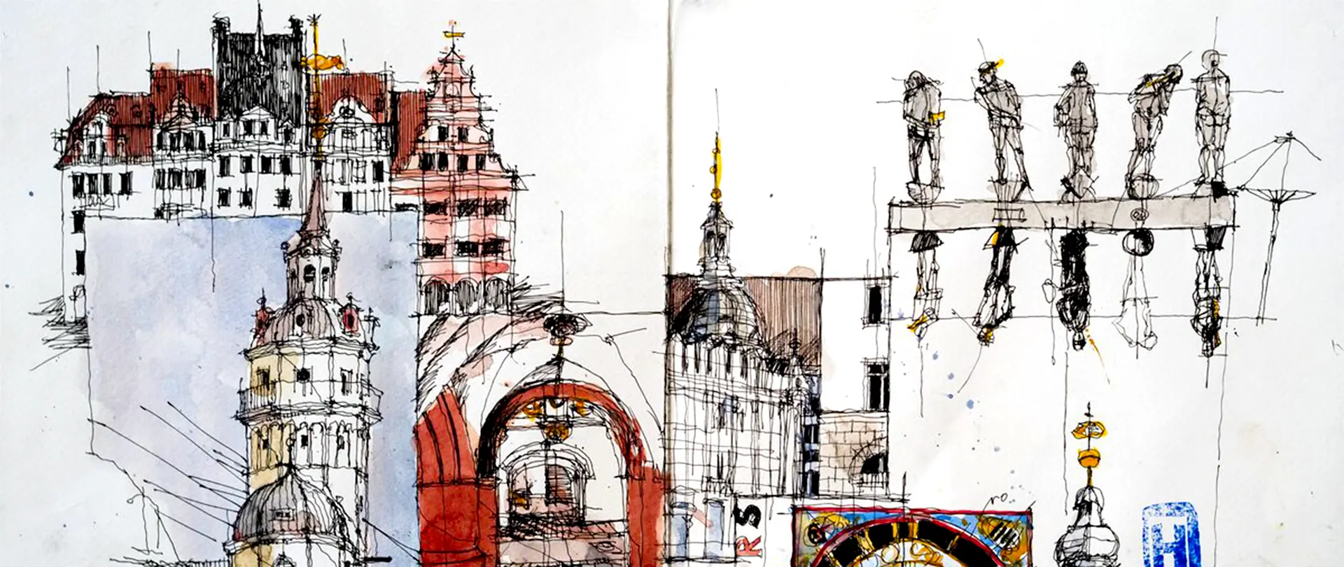 Skizze historischer Gebäude mit architektonischen Details und Figuren in skizzenhafter Zeichnung von Harald Killemann, kombiniert mit farblichen Akzenten