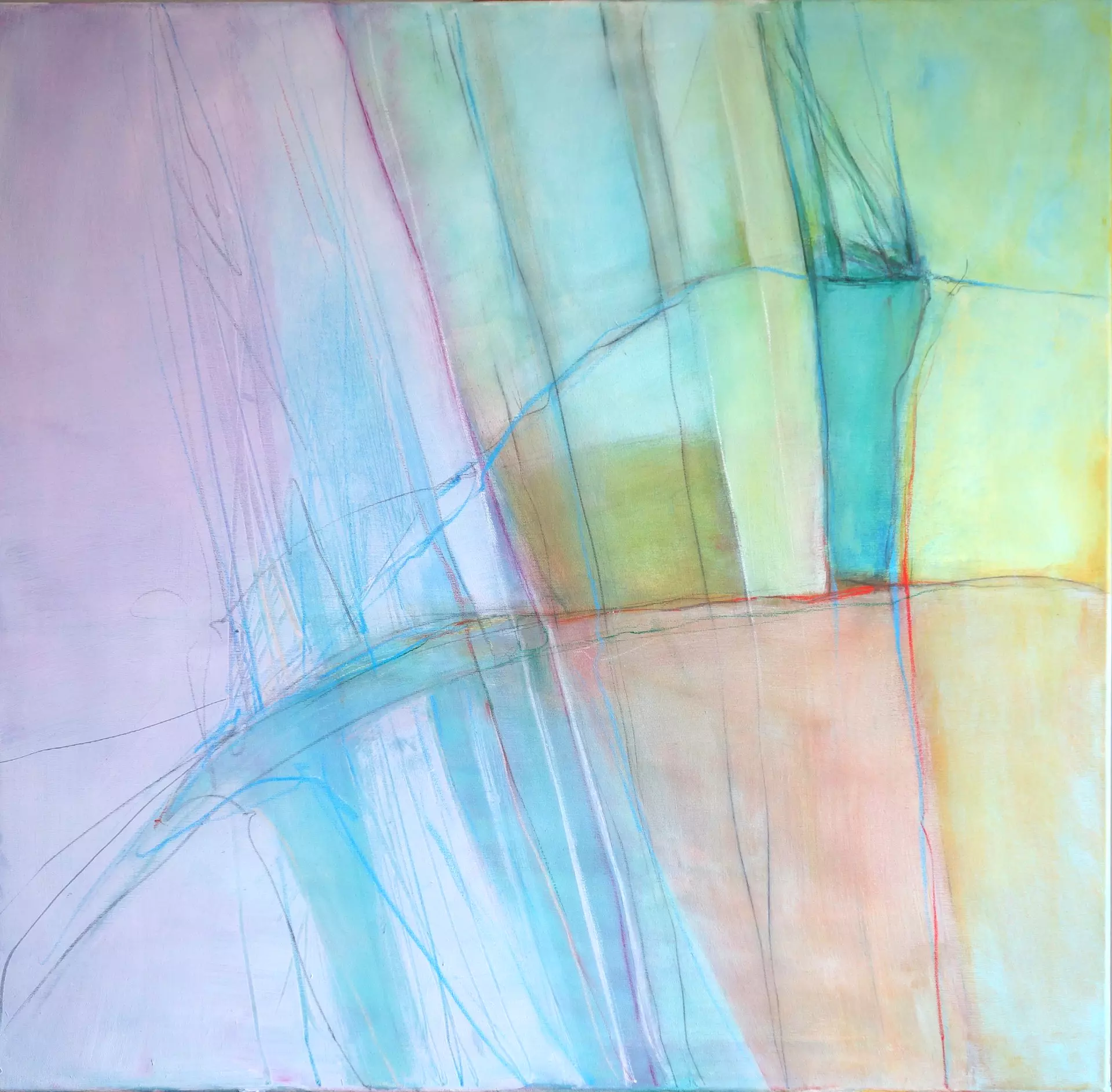 artistravel Malerei Dozentin Helga Budde-Engelke buntes Gemälde Abstrakte Acrylmalerei von Helga Budde-Engelke mit transparenten Farbschichten, feinen Linien aus Kreide und Graphit, die reale Formen in abstrakte Strukturen überführen