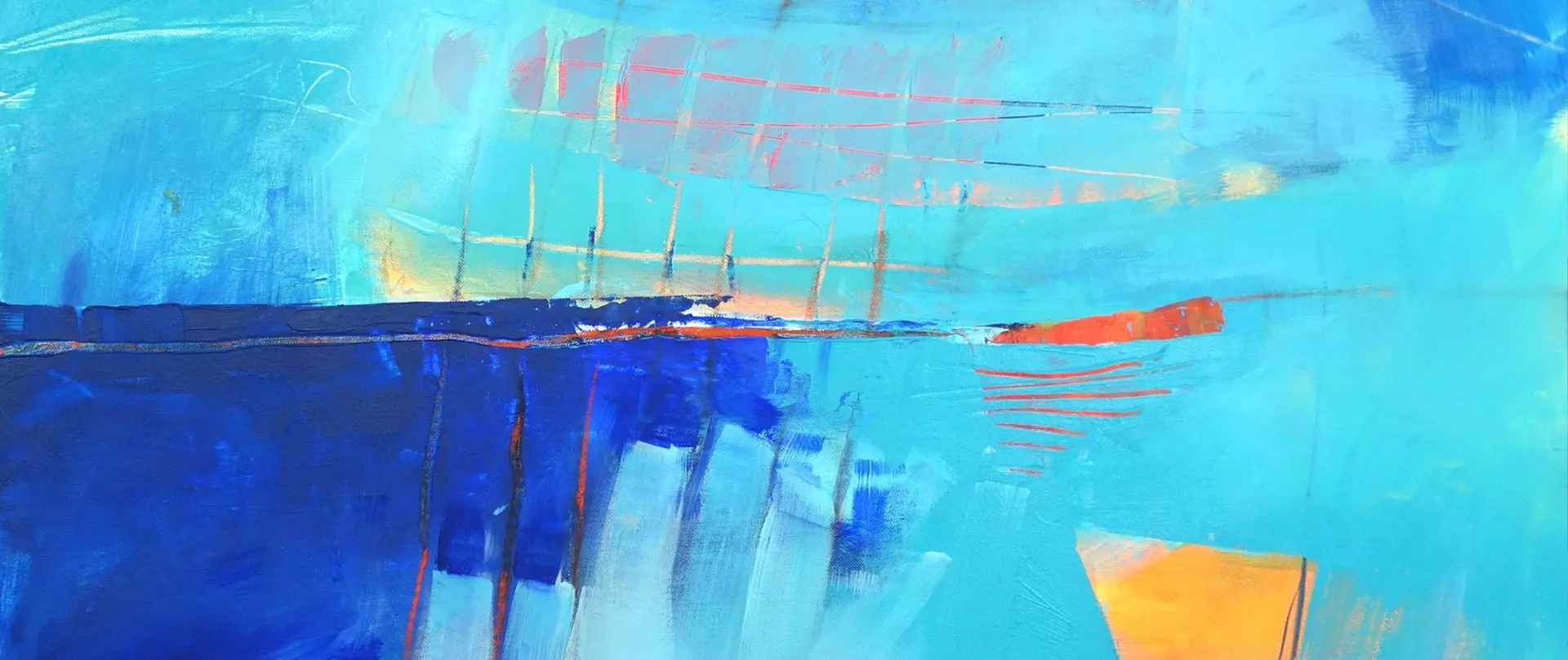 Abstrakte Acrylmalerei von Helga Budde-Engelke mit leuchtenden Blautönen, transparenten Farbschichten und feinen Linien, die reale Formen andeuten