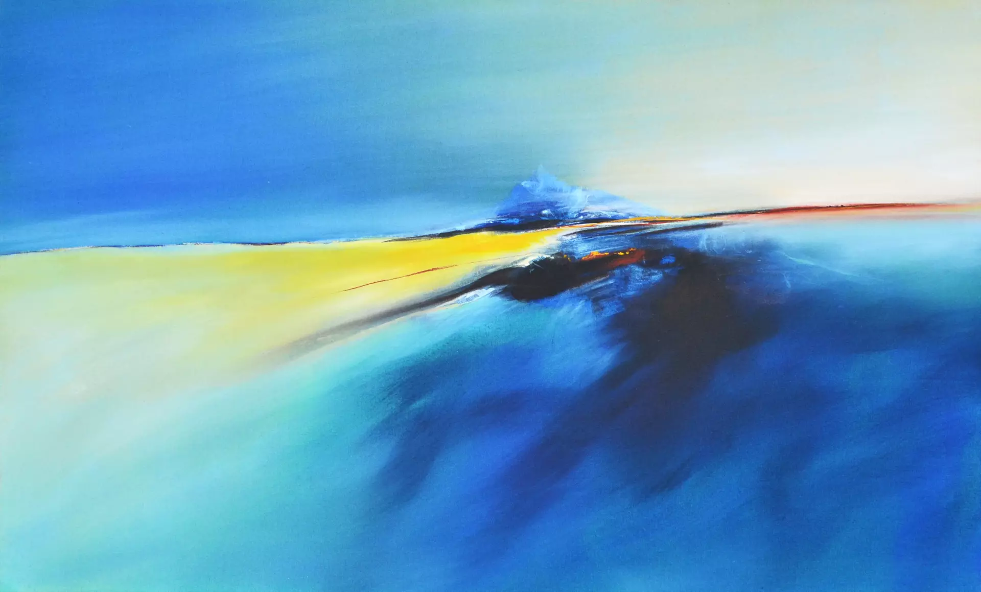 Abstrakte Malerei: Horizont der Farben Abstraktes Acrylgemälde einer weiten Landschaft mit einer prominenten Horizontlinie in Blau-, Gelb- und Rottönen, gemalt von Hinrich Schüler – Dozent bei artistravel