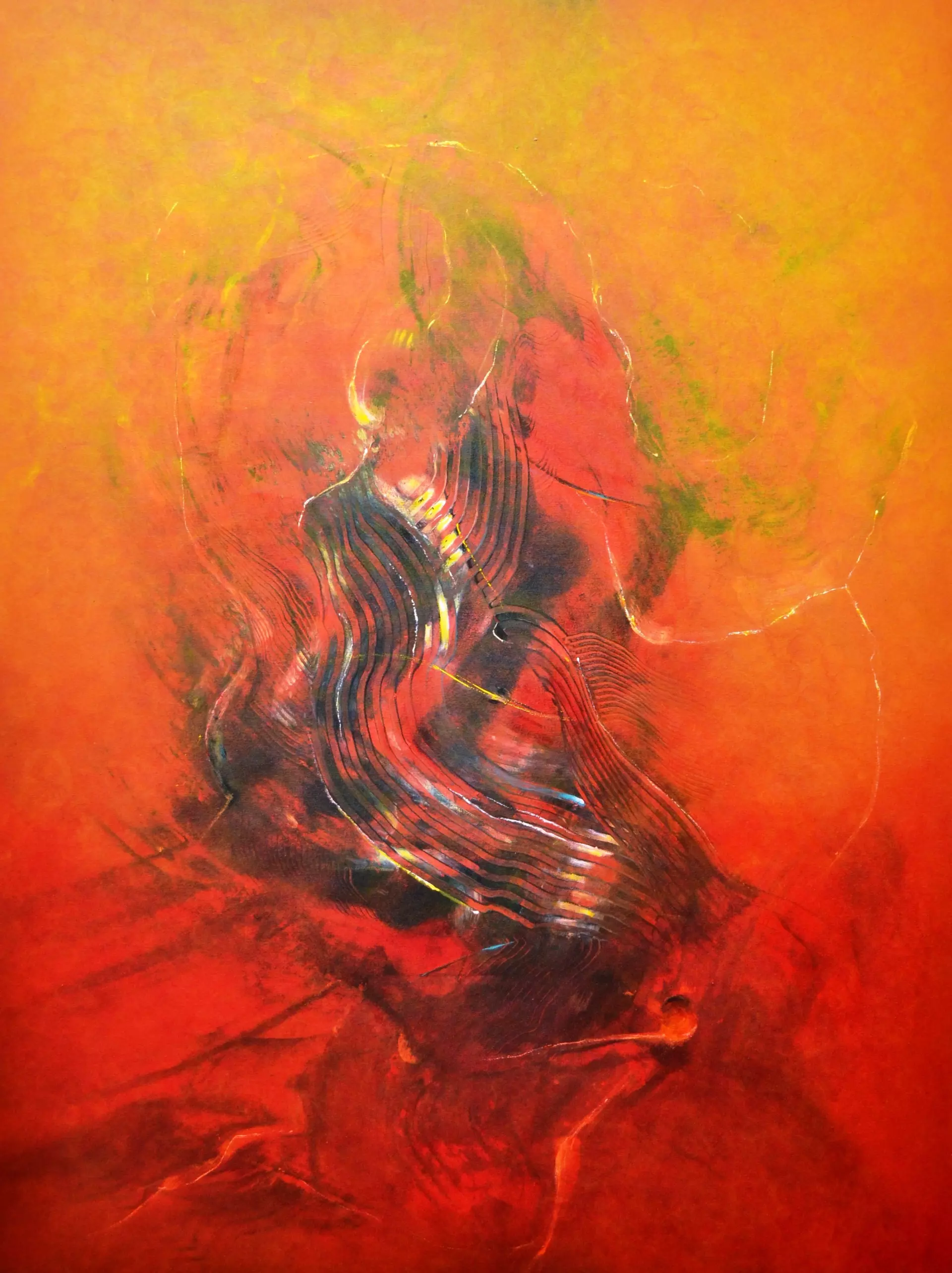 Feuer und Fluss in Abstrakt Abstraktes Acrylgemälde mit vertikalen, fließenden Formen in leuchtenden Rot- und Orangetönen, gemalt von Hinrich Schüler – Dozent bei artistravel
