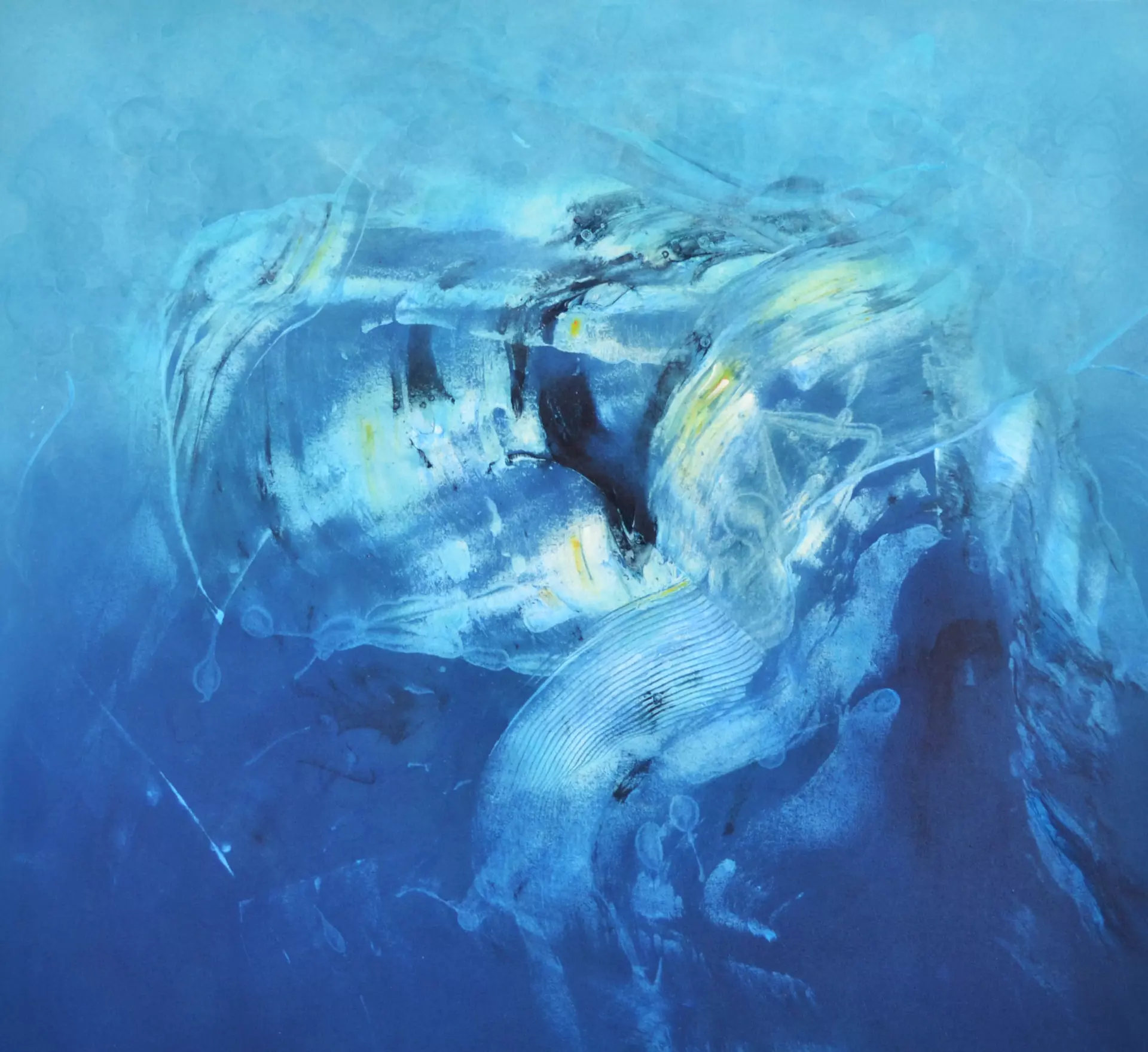 Abstrakte Malerei: Blaue Dynamik Abstraktes Acrylgemälde mit dynamischen, wellenartigen Formen in intensiven Blautönen, gemalt von Hinrich Schüler – Dozent bei artistravel