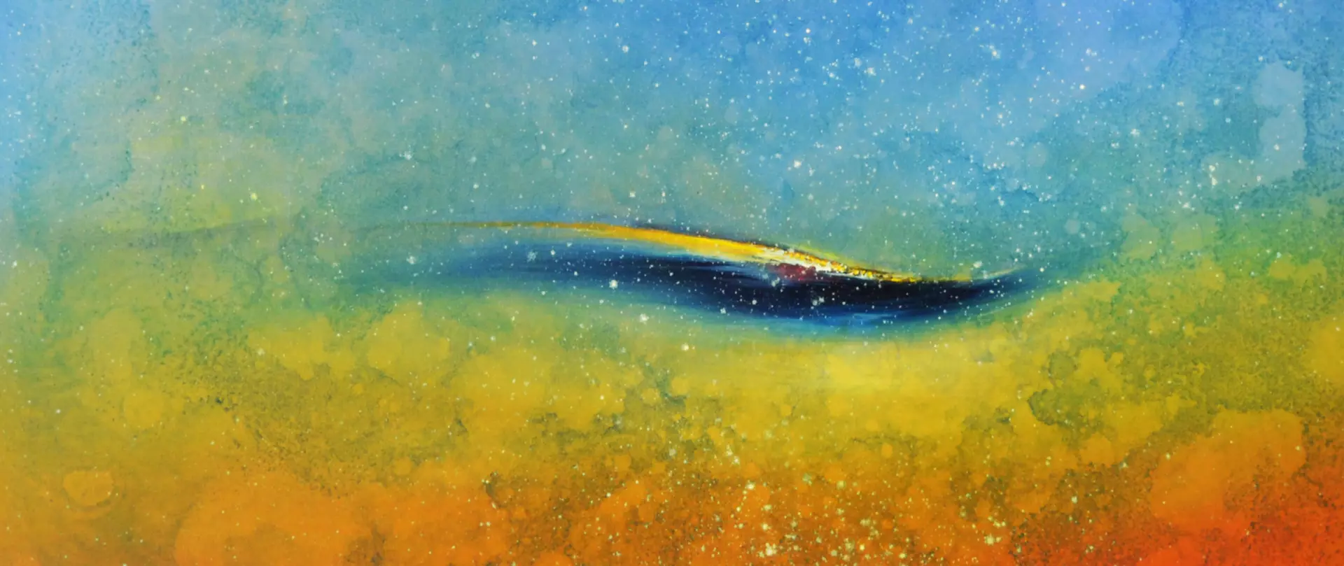 Abstraktes Acrylgemälde mit verschwommenen Formen in Gelb- und Grüntönen, durchzogen von einer dunkleren Linie, gemalt von Hinrich Schüler – Dozent bei artistravel