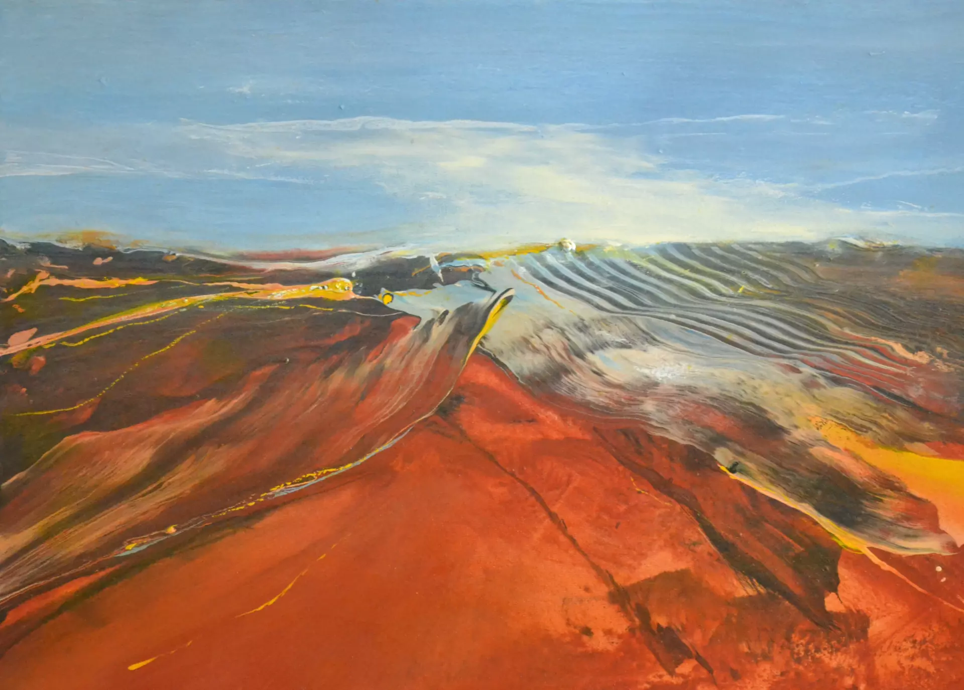 Abstrakte Weite Abstraktes Acrylgemälde einer weiten Landschaft mit horizontalen Schichtungen in Braun- und Orangetönen, gemalt von Hinrich Schüler – Dozent bei artistravel