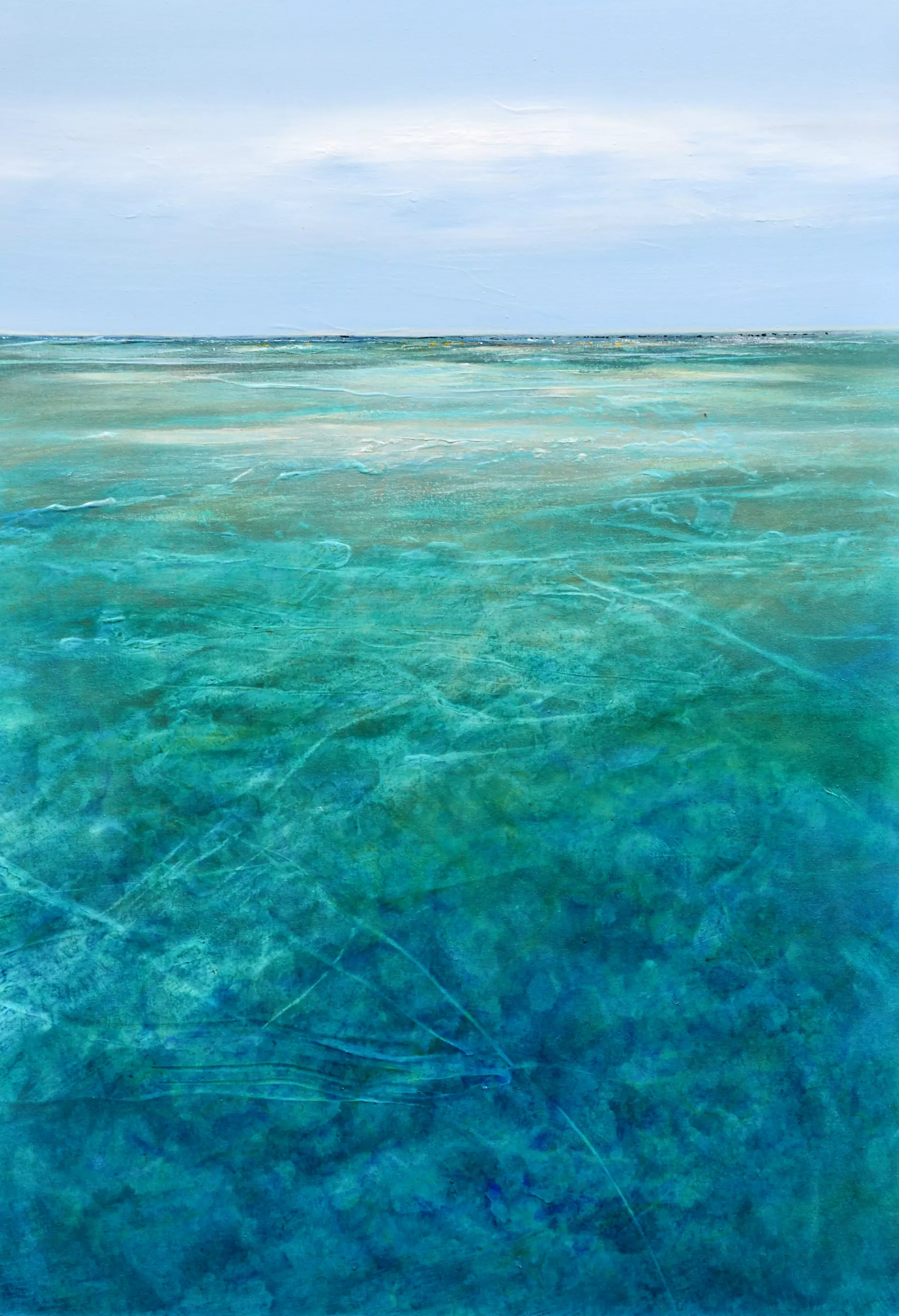 Türkisblaues Meer Abstraktes Acrylgemälde einer ruhigen Meeresoberfläche in verschiedenen Blautönen, gemalt von Hinrich Schüler – Dozent bei artistravel