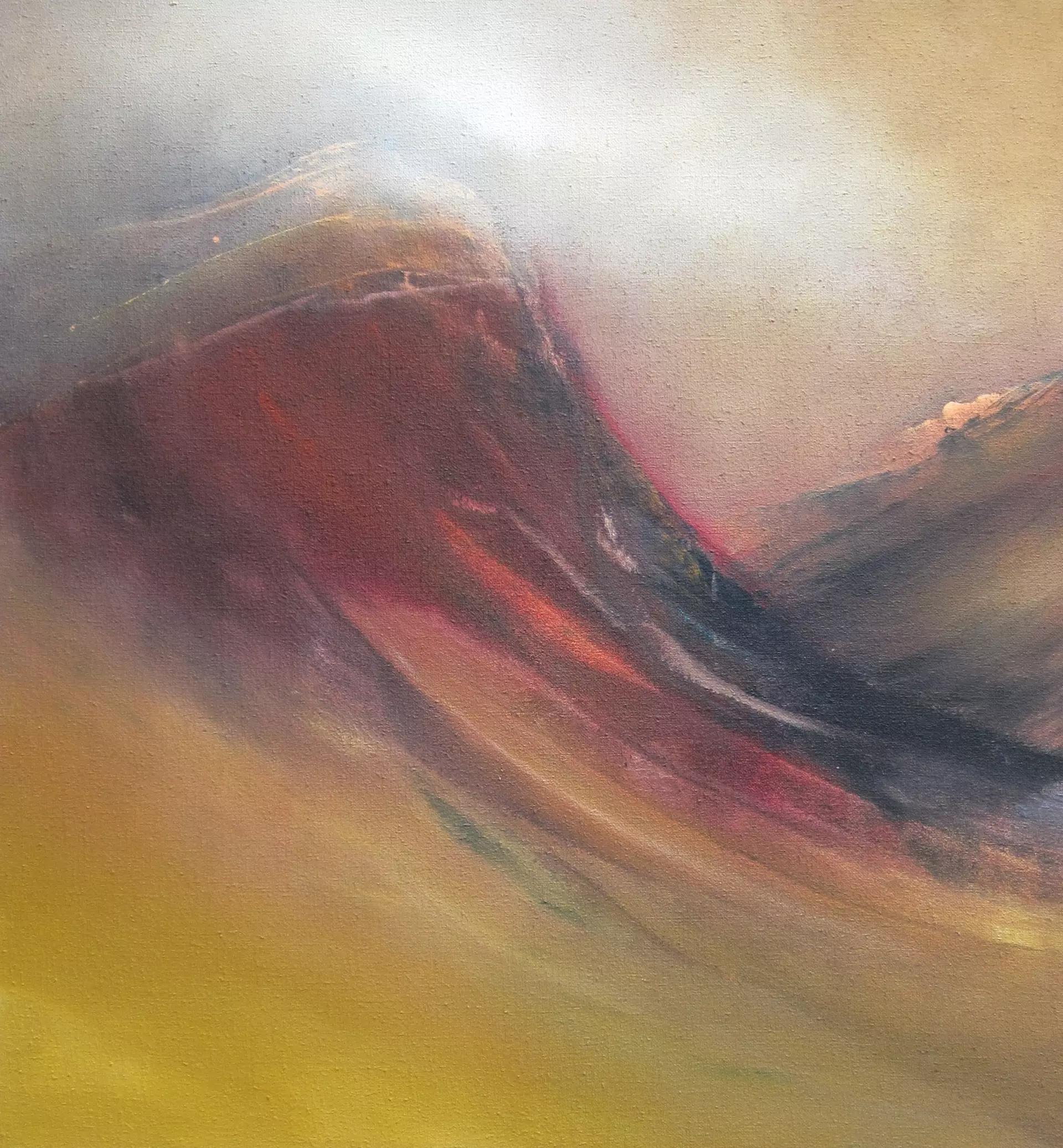 Abstrakte Komposition in Rot Abstraktes Acrylgemälde mit fließenden Formen in Rot-, Braun- und Lila-Tönen, gemalt von Hinrich Schüler – Dozent bei artistravel