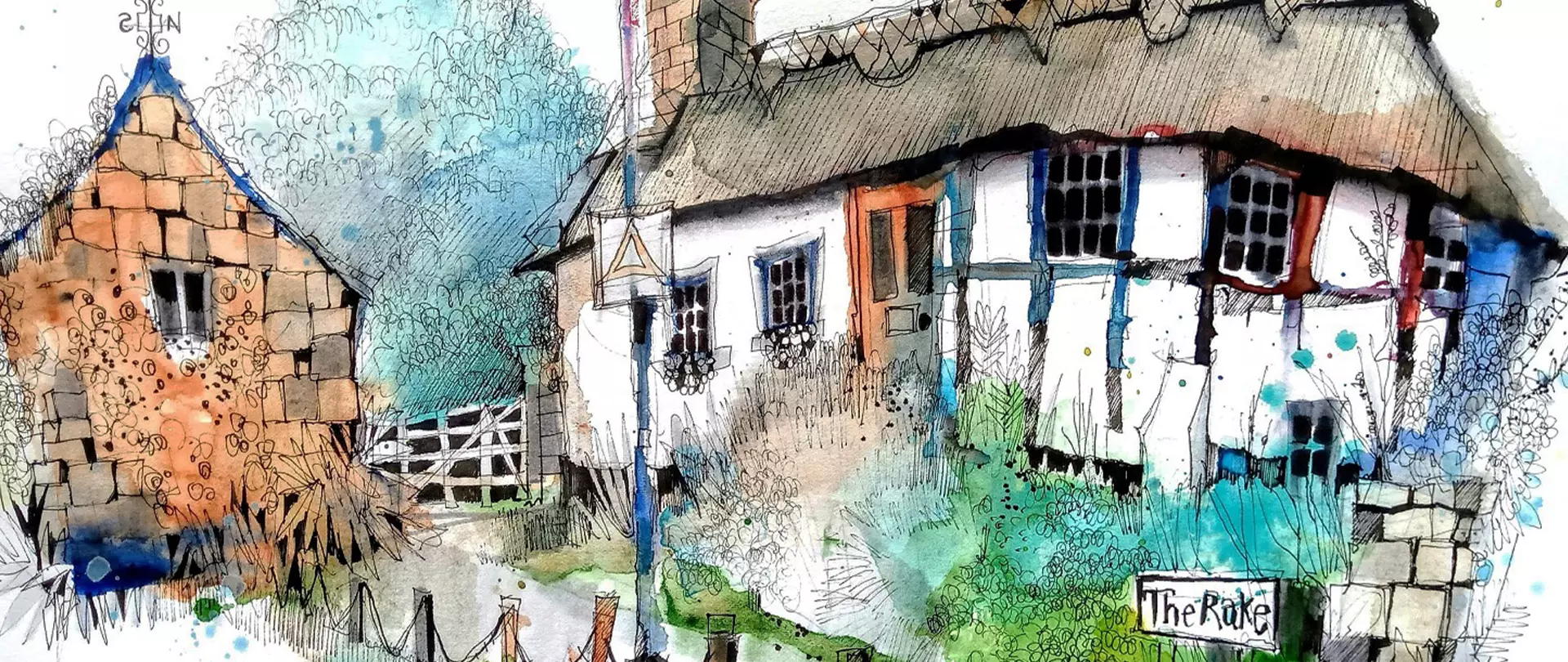 Urban Sketch einer Dorfszene mit Fachwerkhaus, erstellt von Ian Fennelly – Dozent bei artistravel