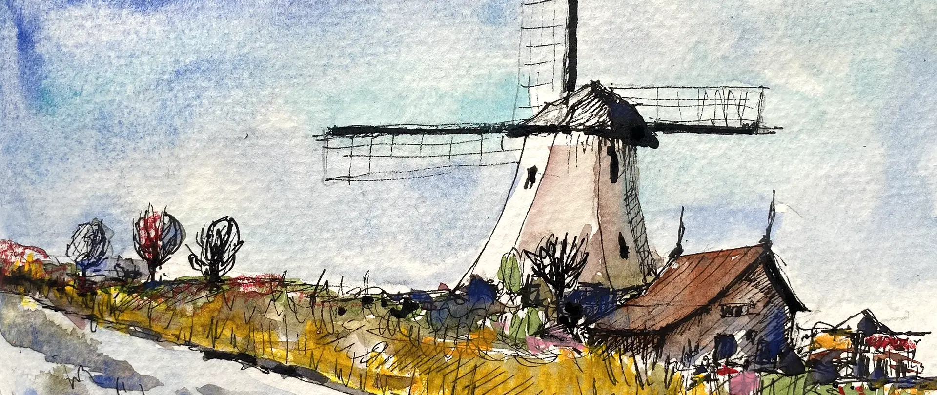 Windmühle in lebendiger Landschaft mit farbintensiven Linien und spontaner Skizzenhaftigkeit von Camilla Tenchio