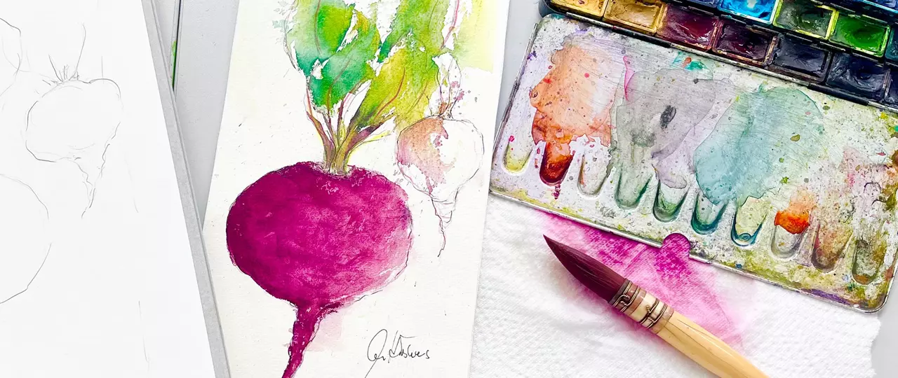 Das Radieschen Aquarellskizze eines Radieschens und einer Farbpalette – eine farbenfrohe, illustrative Darstellung von Anita Hörskens – Dozentin bei artistravel.