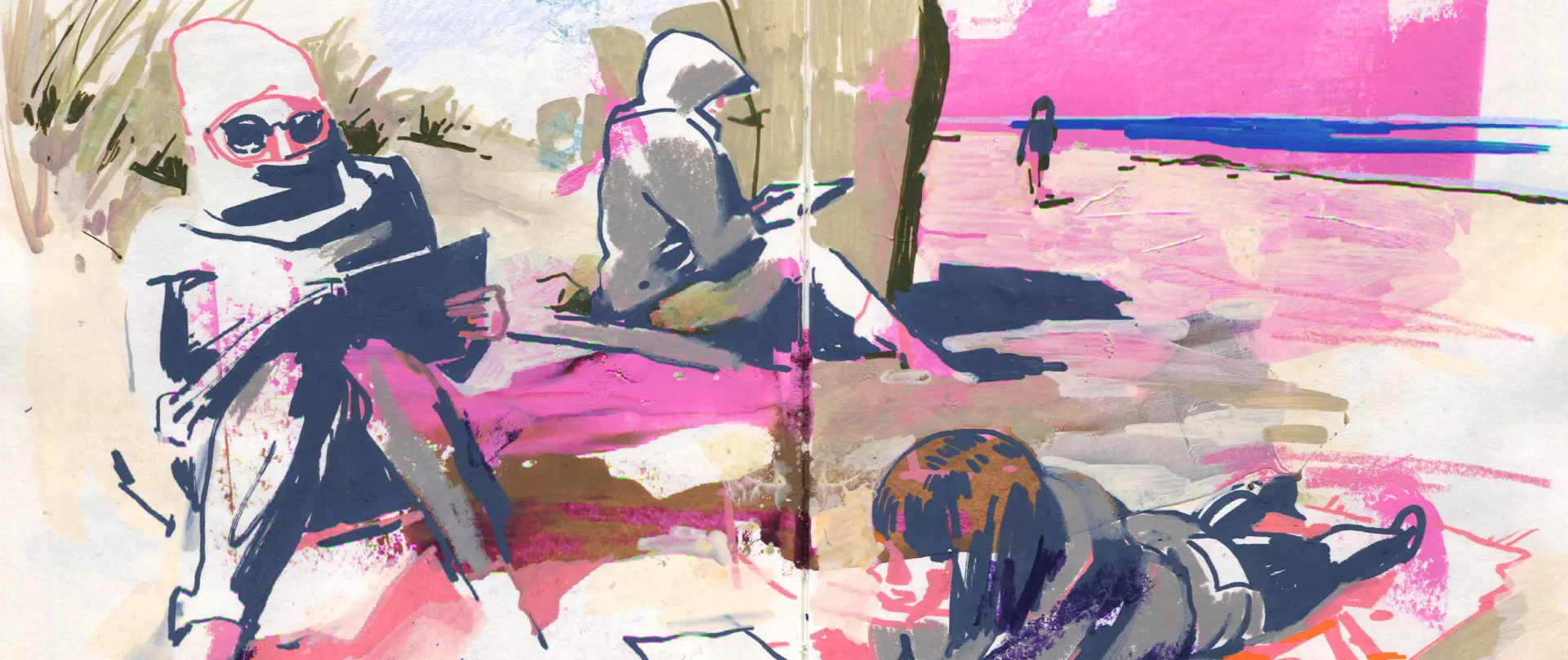 Bunter Marker Sketch von zeichnenden Menschen am Strand, erstellt von Jenny Adam – Dozentin bei artistravel