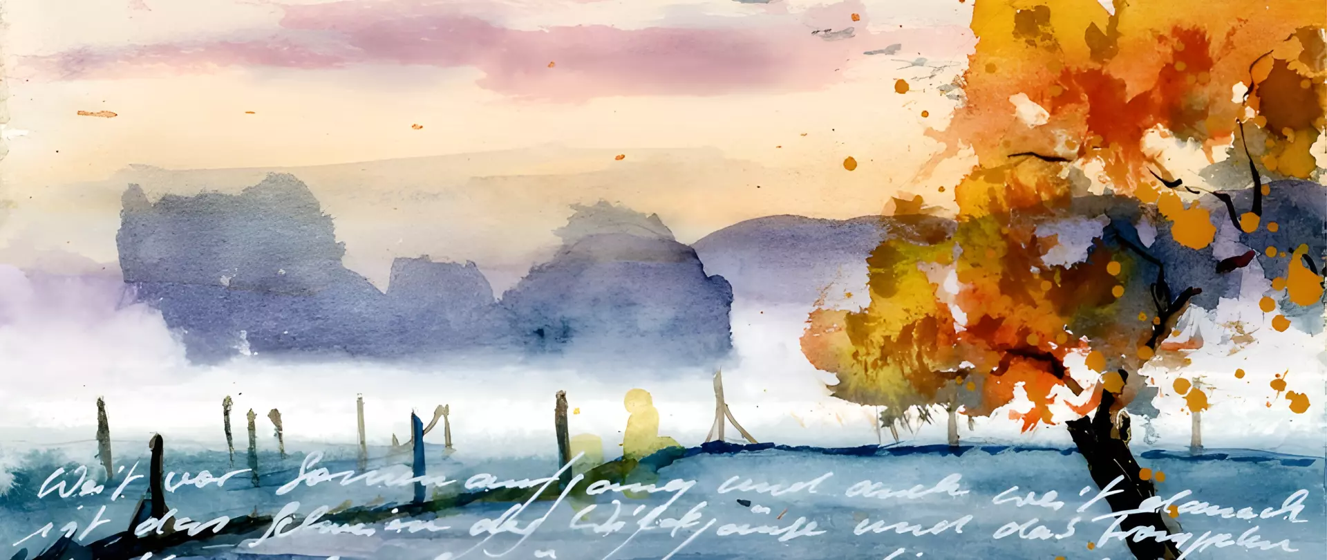 Atmosphärische Aquarelllandschaft mit orangem Baum vor morgendlichem Nebel, gemalt von Jens Hübner – Dozent bei artistravel.