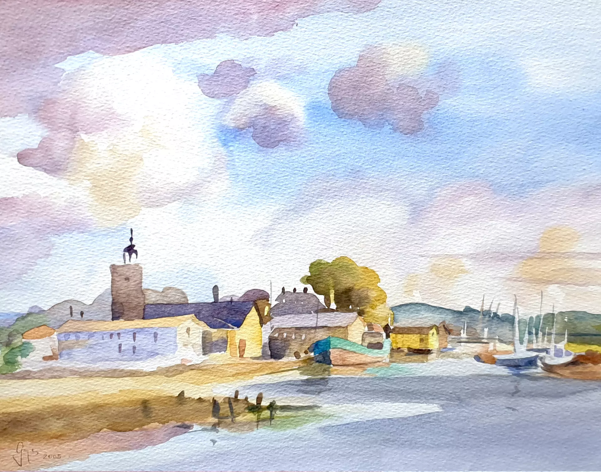 artistravel Malerei Dozentin Karin Gorgas Hafenregion in Aquarell Aquarellbild mit einer Hafenregion, erstellt von Karin Gorgas – Dozentin bei artistravel