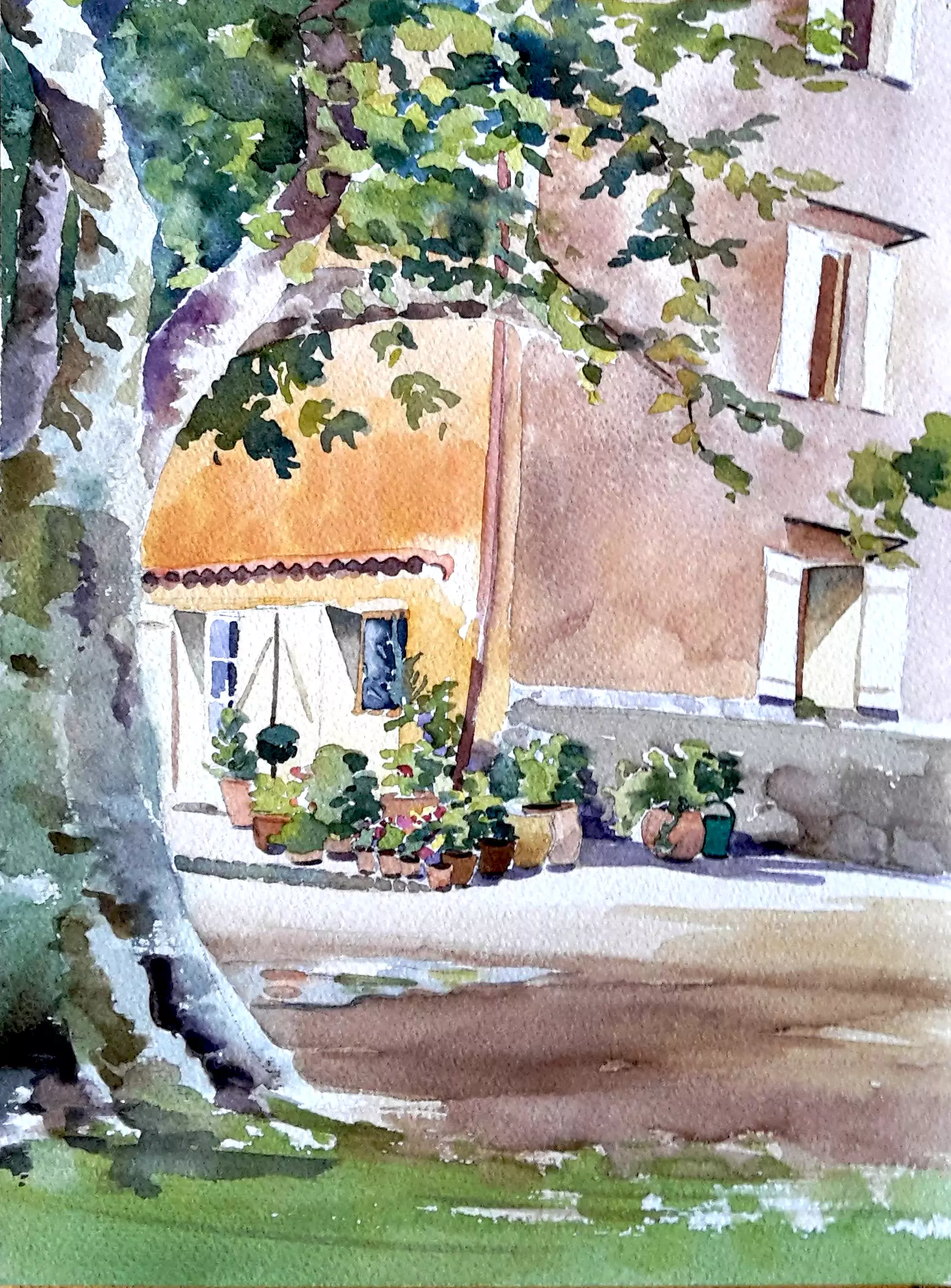 artistravel Malerei Dozentin Karin Gorgas Haus in Aquarell Aquarellbild von einem Haus mit einem Baum davor, erstellt von Karin Gorgas – Dozentin bei artistravel