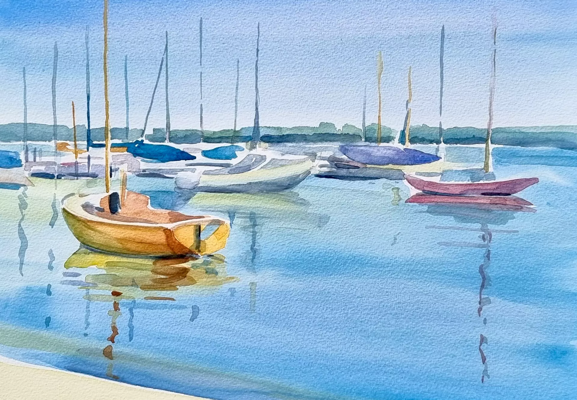 artistravel Malerei Dozentin Karin Gorgas Hafen in Aquarell Aquarellbild mit kleinen Segelbooten im Hafen, erstellt von Karin Gorgas – Dozentin bei artistravel