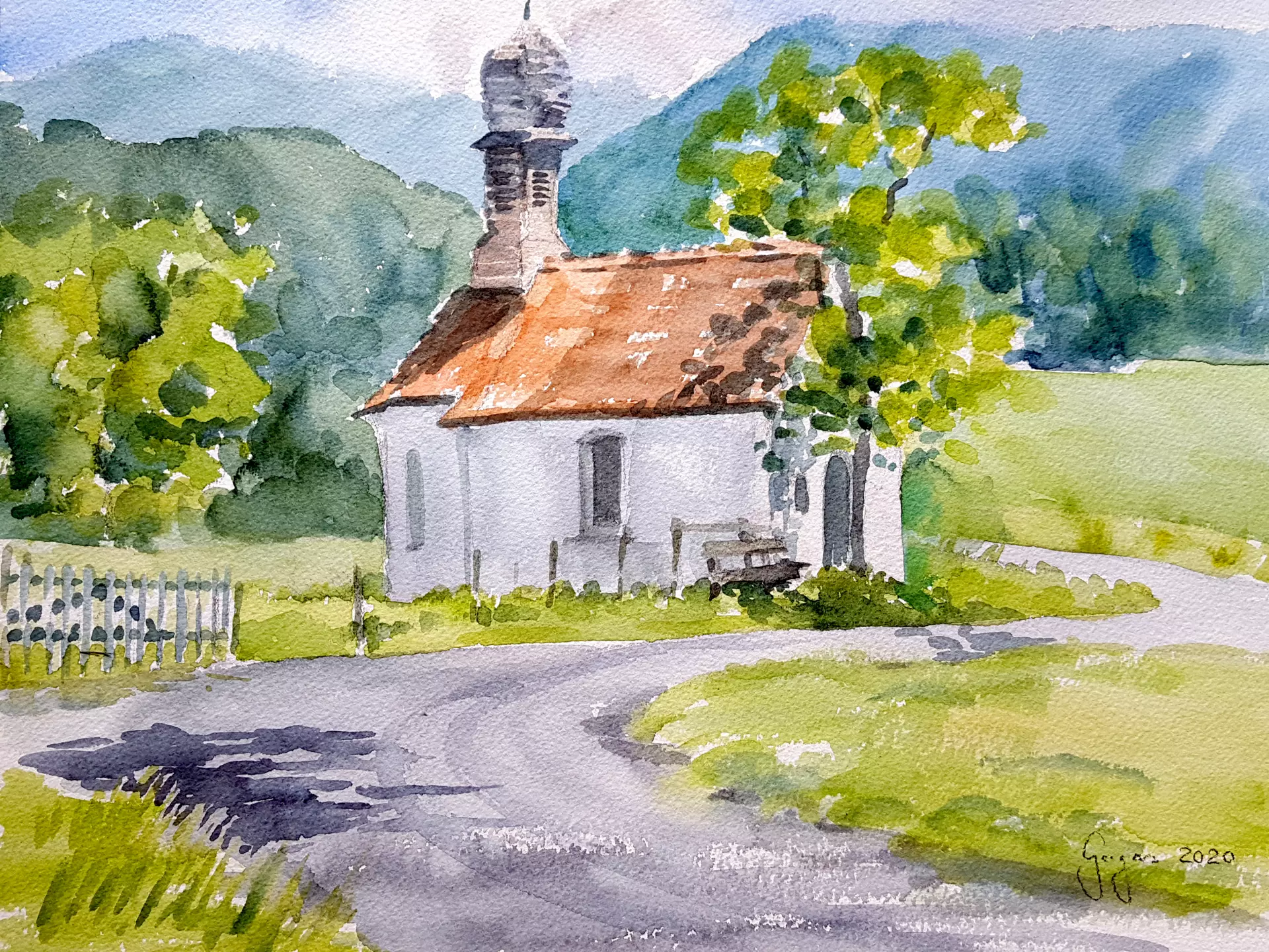 artistravel Malerei Dozentin Karin Gorgas Kirche in Aquarell Aquarellbild von einer Kirche an einem Weg in einer grünen Landschaft, erstellt von Karin Gorgas – Dozentin bei artistravel