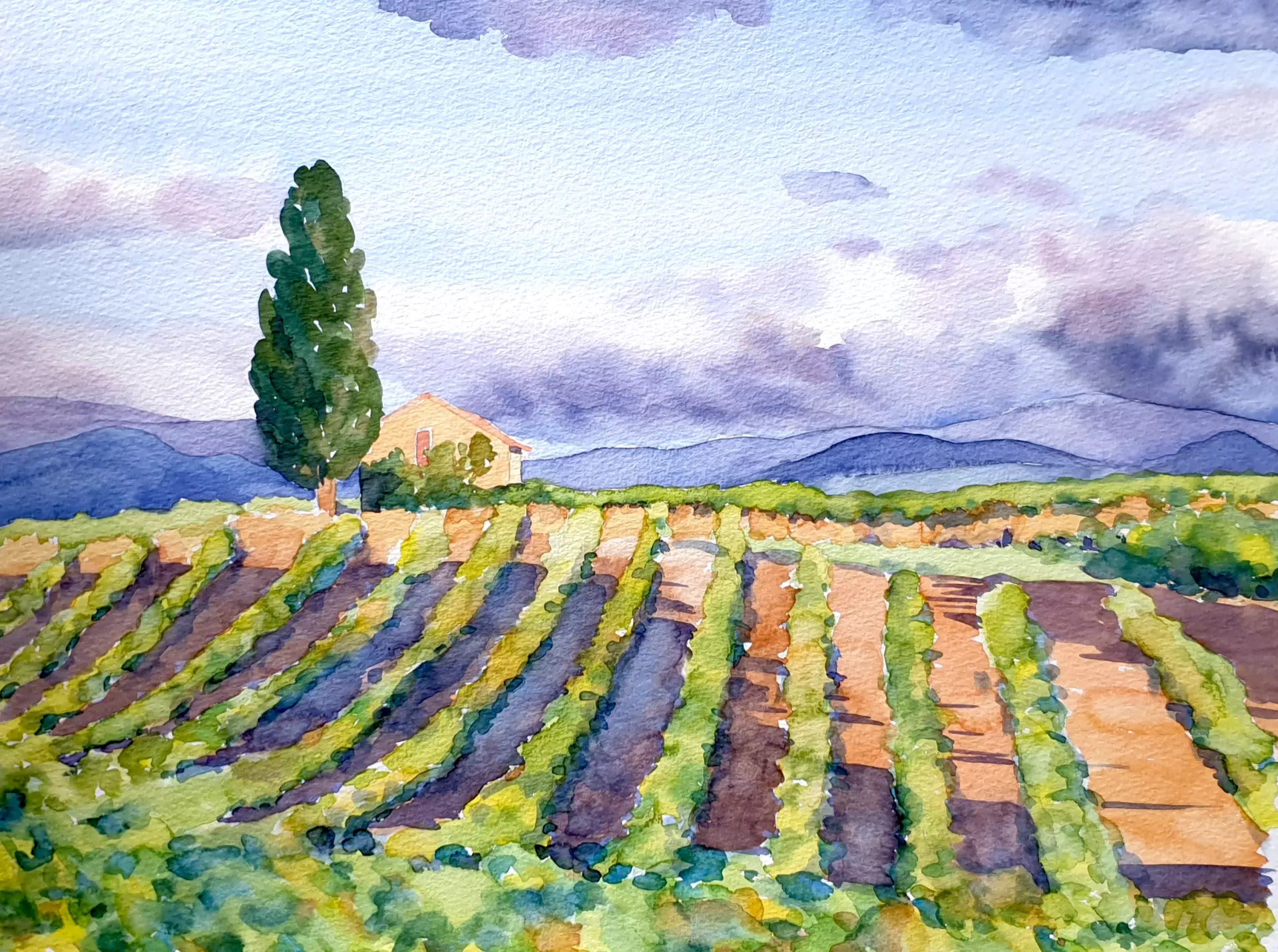 artistravel Malerei Dozentin Karin Gorgas Berglandschaft in Aquarell Aquarellbild von einem Acker in einer Berglandschaft, erstellt von Karin Gorgas – Dozentin bei artistravel