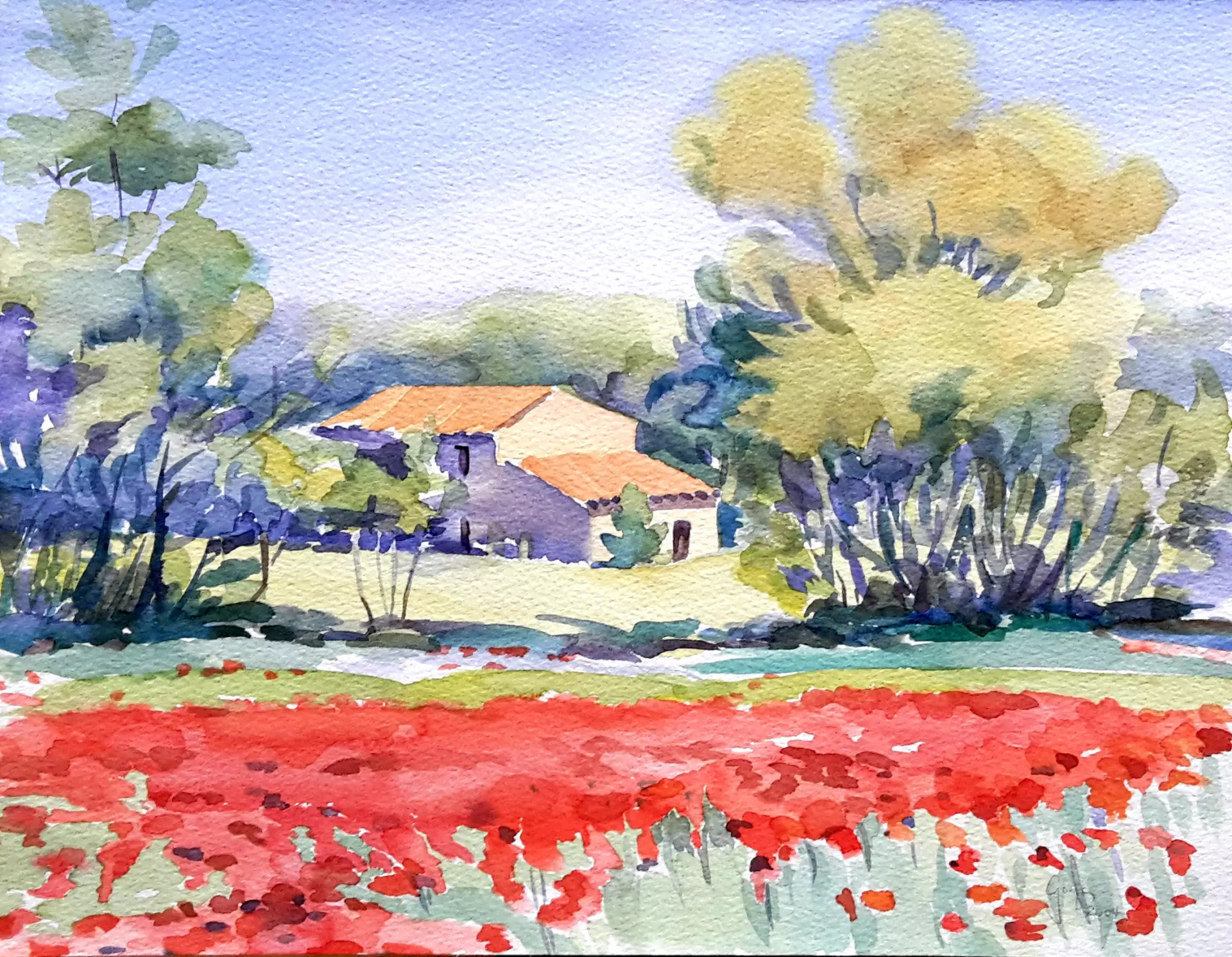 artistravel Malerei Dozentin Karin Gorgas Landschaft mit Haus in Aquarell Aquarellbild von einer Landschaft mit Mohnblumen vor einem Haus auf dem Land, erstellt von Karin Gorgas – Dozentin bei artistravel