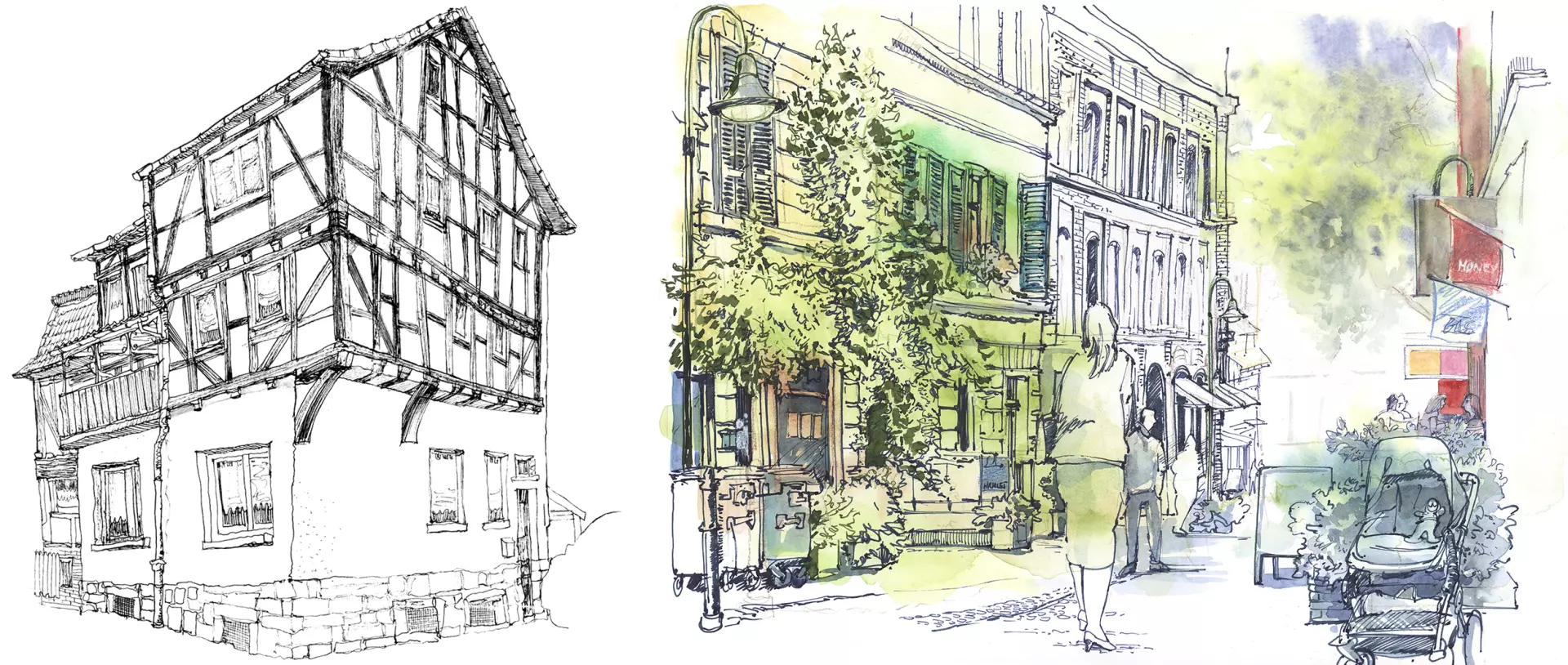 artistravel Malerei Dozentin Katja Rosenberg Urban Sketching Urban Sketching Zeichnung eines Fachwerkhauses und einer grünen Häuserfassade, erstellt von Katja Rosenberg - Dozentin bei artistravel