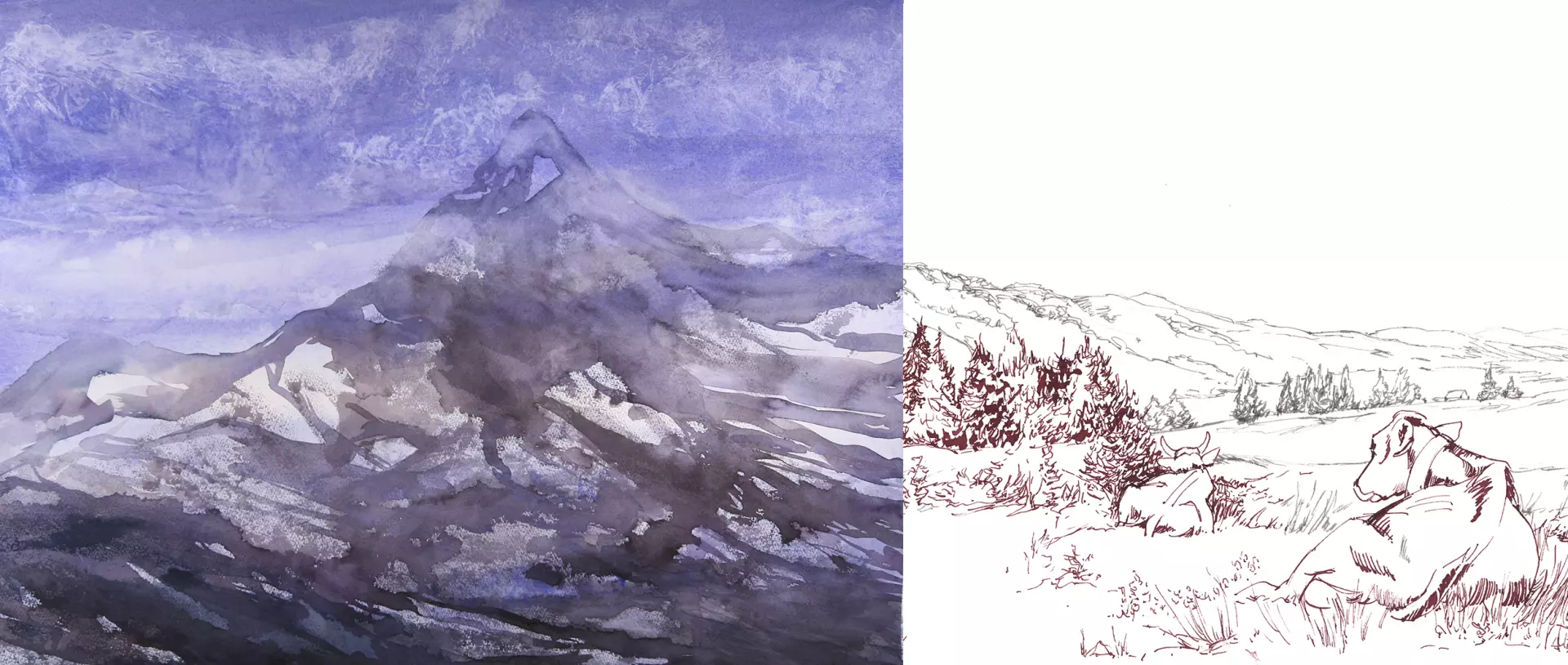 artistravel Malerei Dozentin Katja Rosenberg Sketching Berglandschaft Sketching Zeichnung einer Berglandschaft mit Schnee, erstellt von Katja Rosenberg - Dozentin bei artistravel
