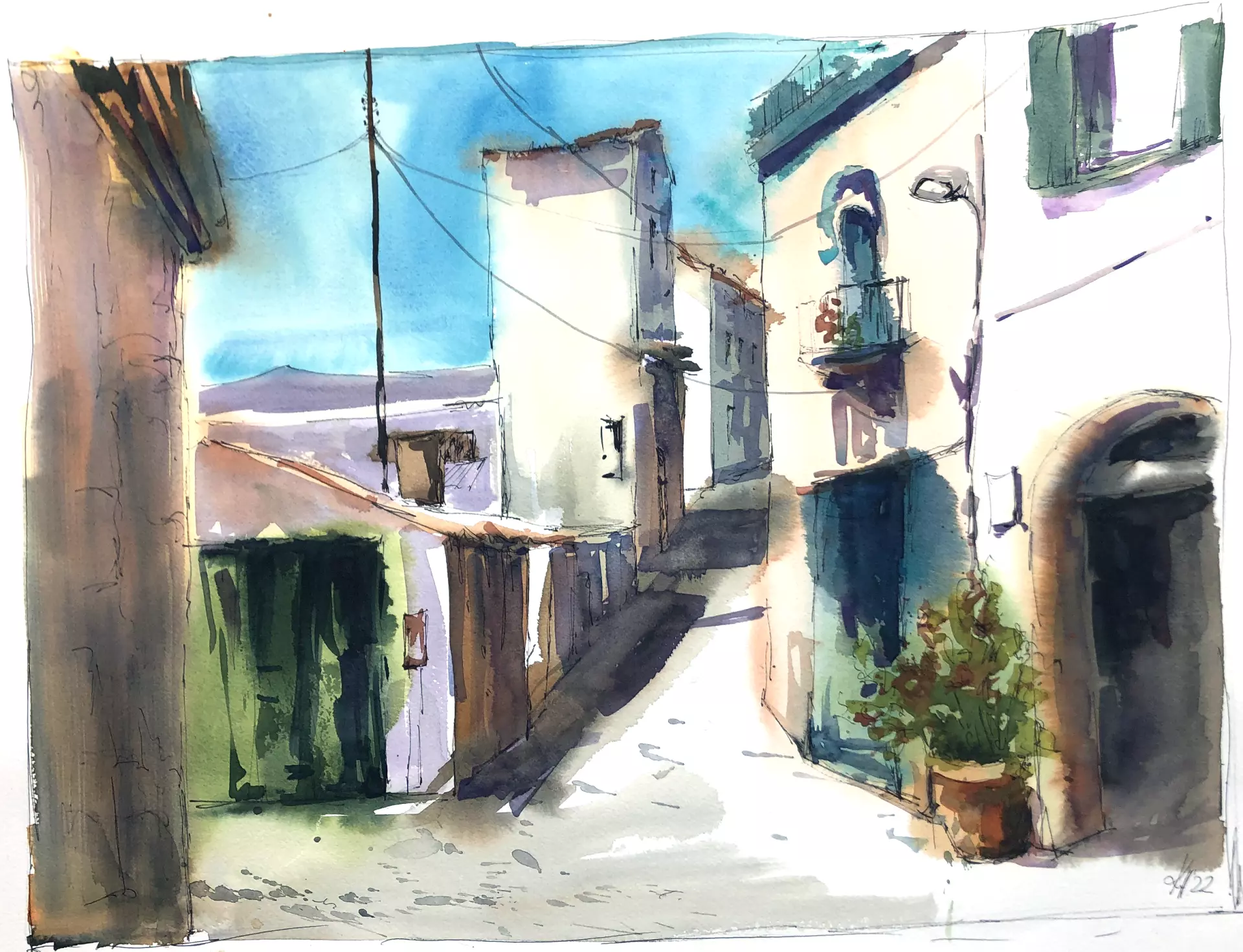Südliches Gassenbild mit Licht und Schatten Mediterrane Szene mit weiß getünchten Häusern, engen Gassen und tiefem Schattenwurf – von artistravel Dozentin Kerstin Heidrich