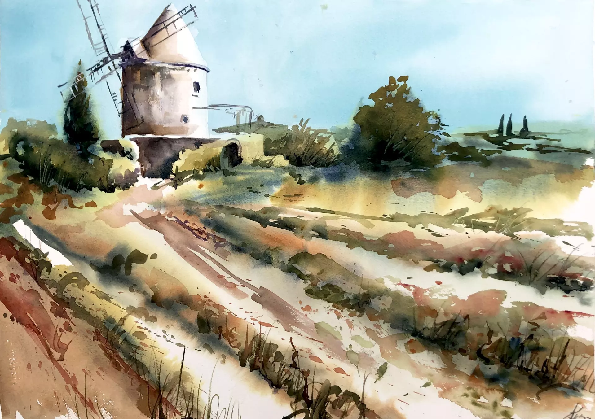 Landschaft mit Windmühle – Weite Felder in ruhiger Stimmung Ländliche Szenerie mit Windmühle und weiten Feldern in Erdtönen – von artistravel Dozentin Kerstin Heidrich