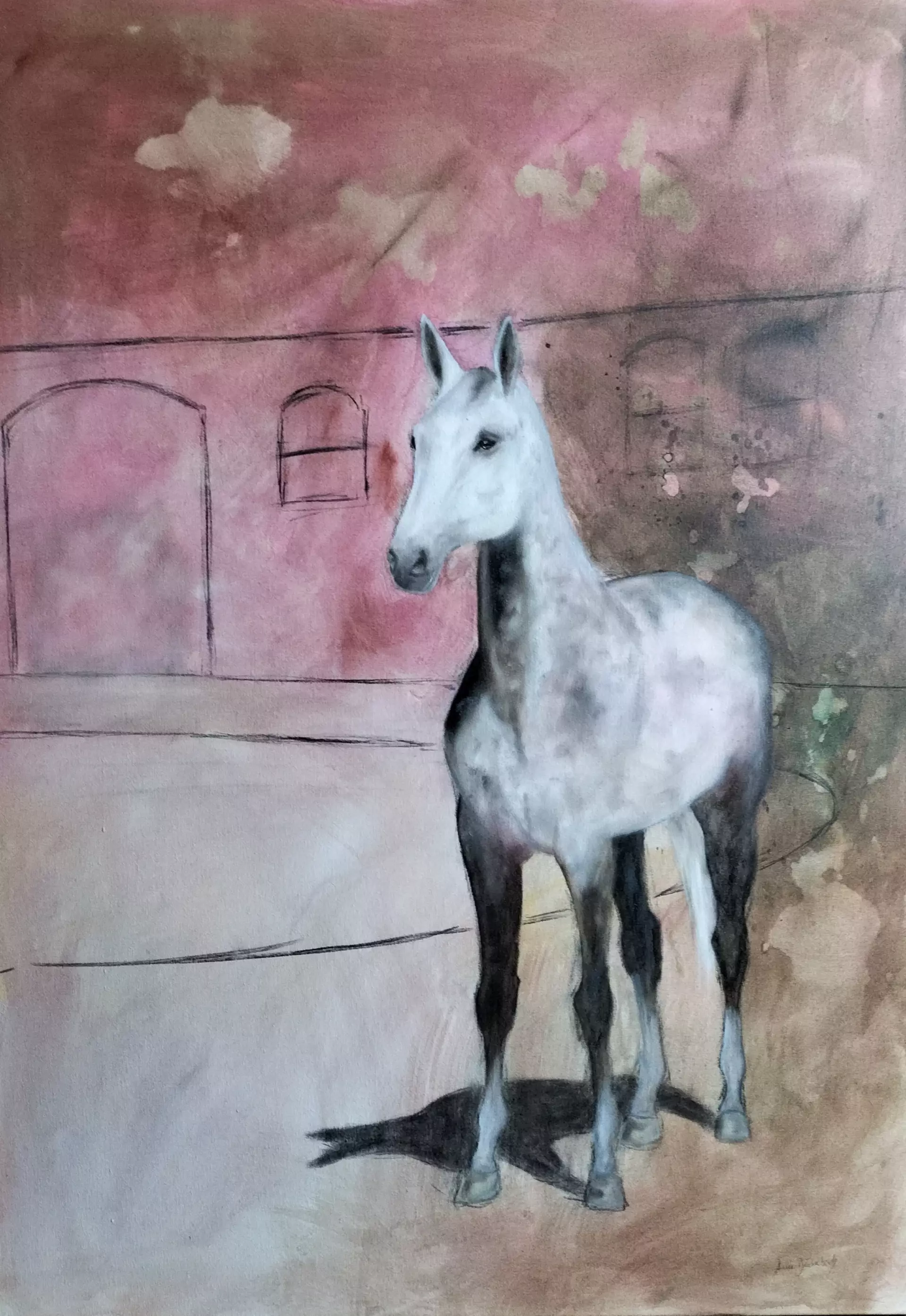 Pferd in Acryl Weißes Pferd vor schemenhaftem, rosafarbenem Hintergrund in feinfühliger, intuitiver Malweise von Anke Dinkelbach, das innere Stimmung und Tiefe vermittelt