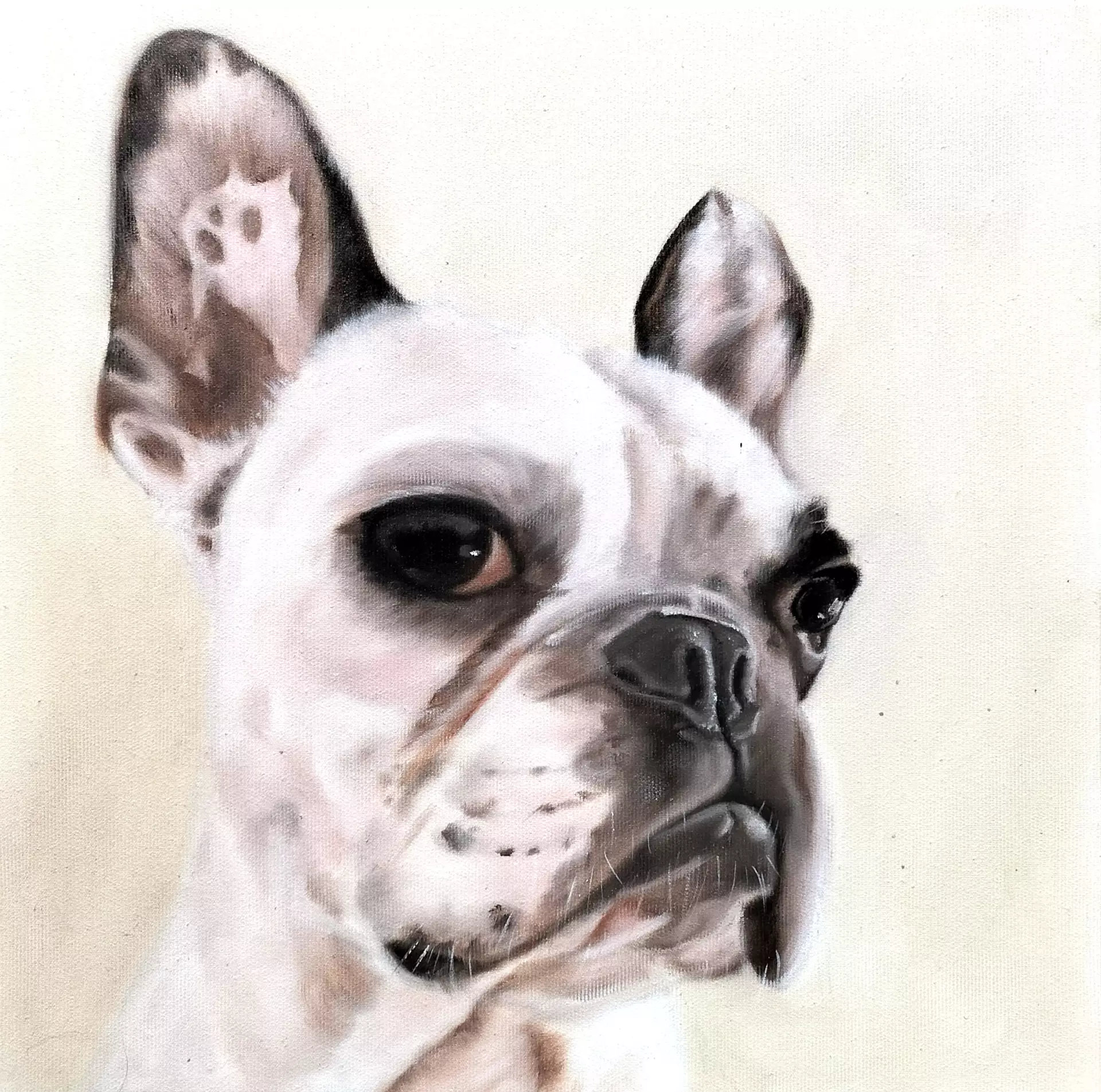 Hundeportrait in Acryl Porträt eines nachdenklichen weißen Hundes mit schwarzer Nase in feinfühliger und poetischer Ausdrucksweise von Anke Dinkelbach