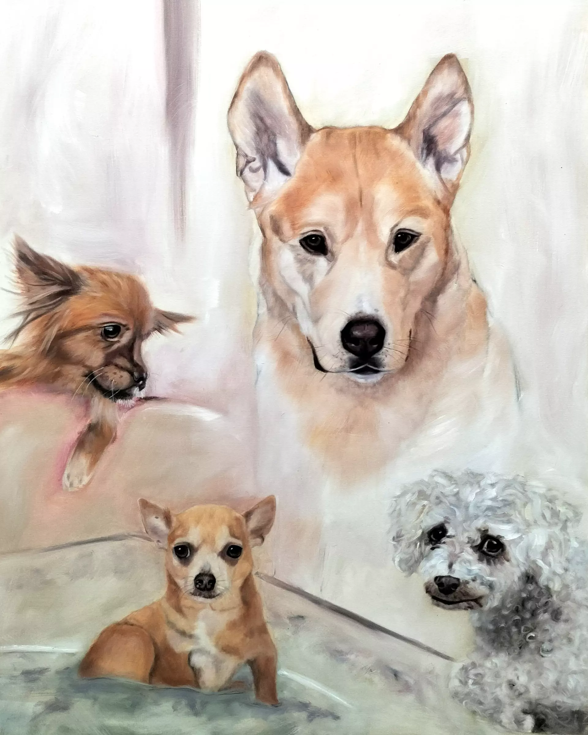 Hunde in Acryl Vier unterschiedlich große Hunde in sanften Farben, die innere Stimmungen widerspiegeln, von Anke Dinkelbach ausdrucksstark und poesievoll gemalt