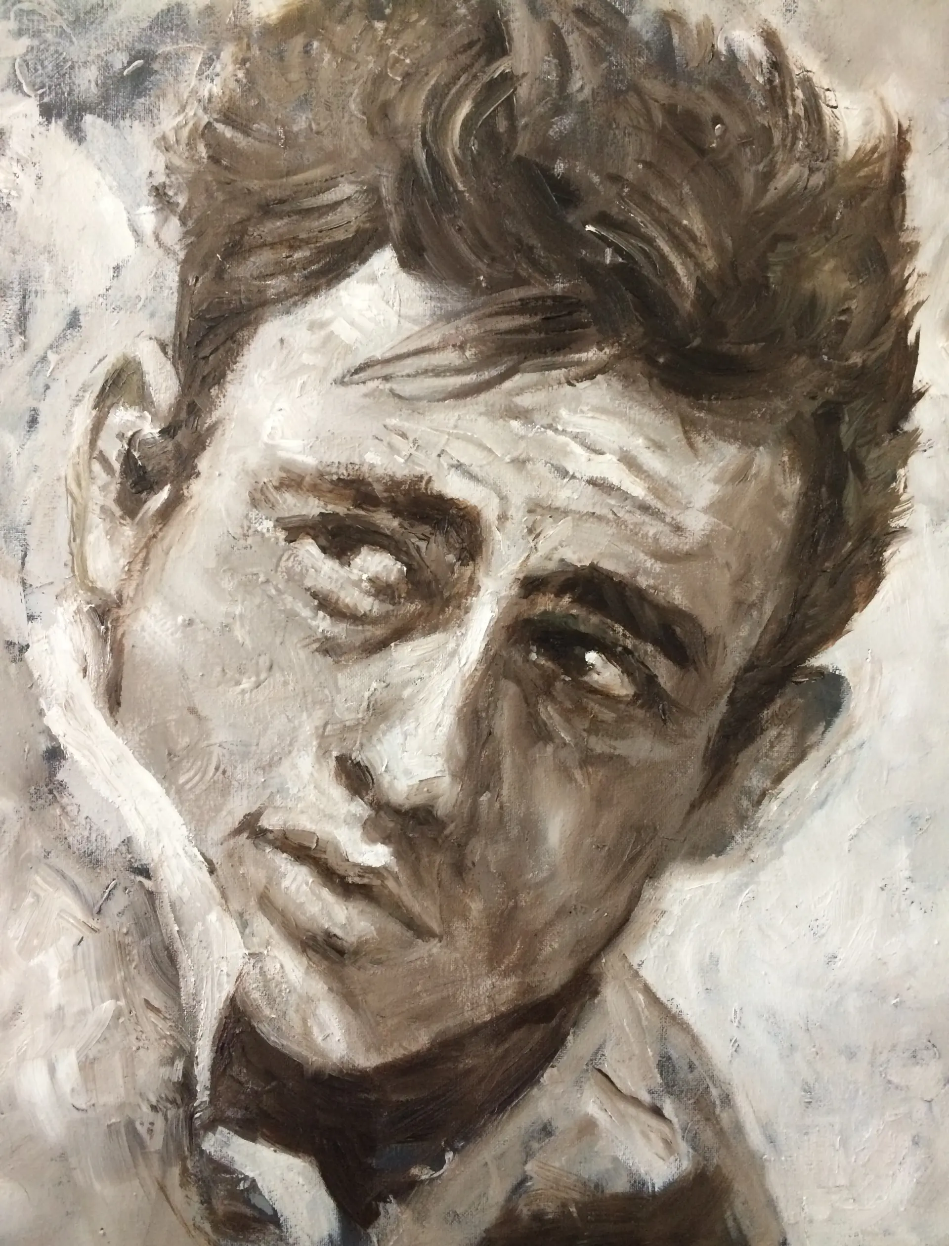 Portrait James Dean Porträt eines nachdenklichen Mannes mit markanten Gesichtszügen in Braun- und Grautönen von Holger Liedtke