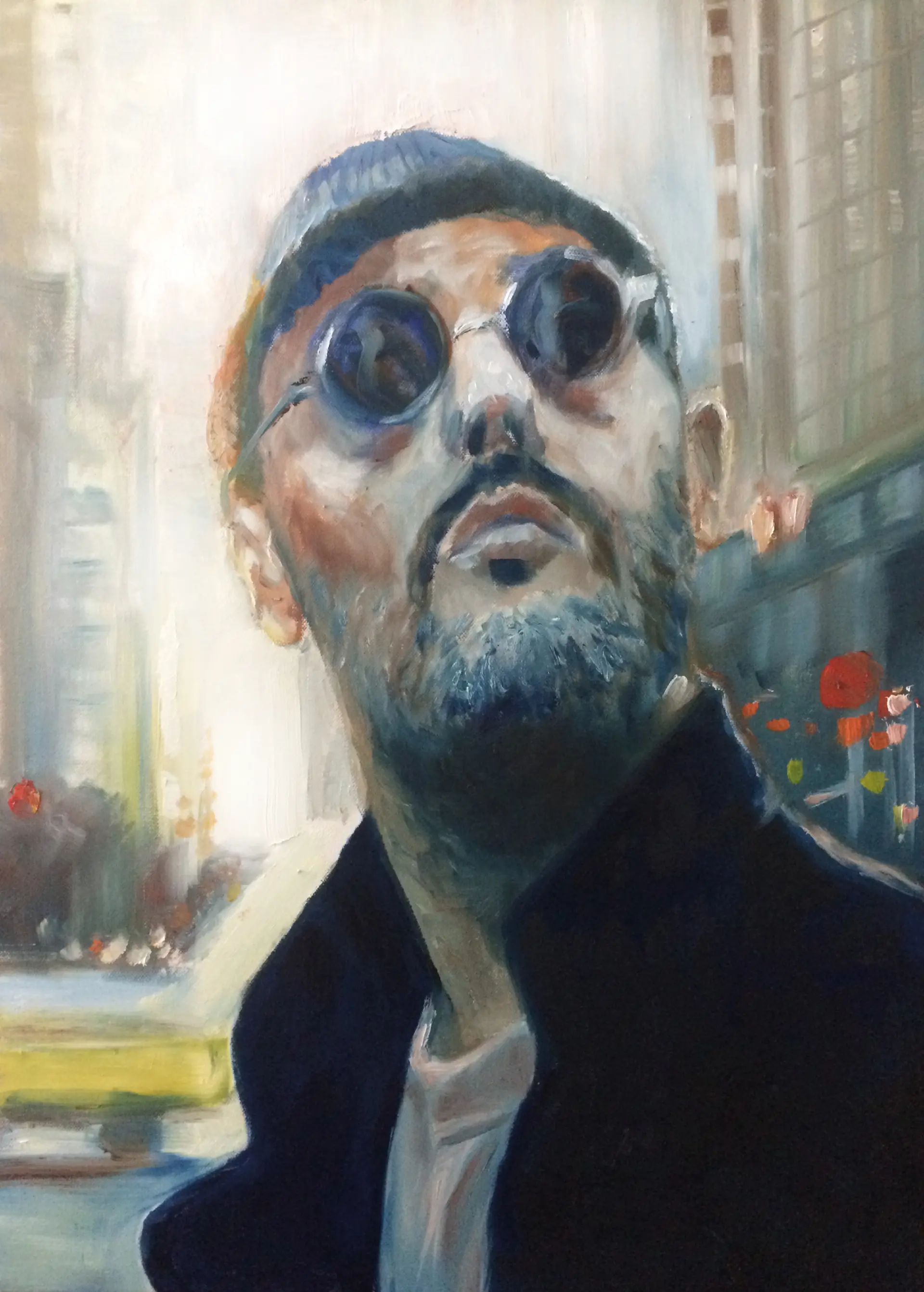 m werk Holger Liedtke Jean Reno Porträt eines Mannes mit cooler Sonnenbrille und Bart in urbaner Szenerie, gemalt von Holger Liedtke in einem realistischen, stimmungsvollen Stil
