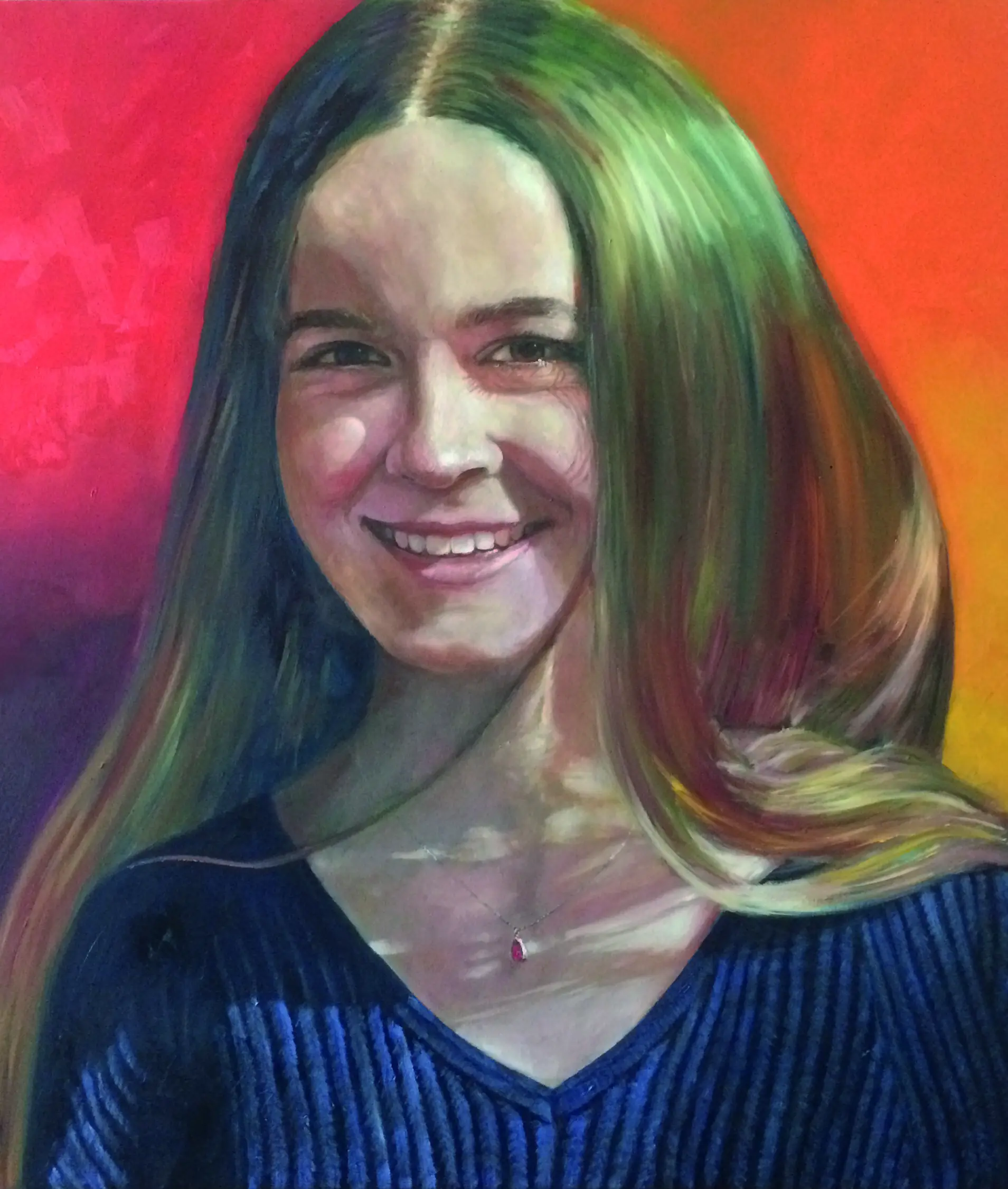 m werk Holger Liedtke Nina Porträt eines lächelnden Mädchens mit langem Haar vor farbigem Hintergrund, gemalt von Holger Liedtke