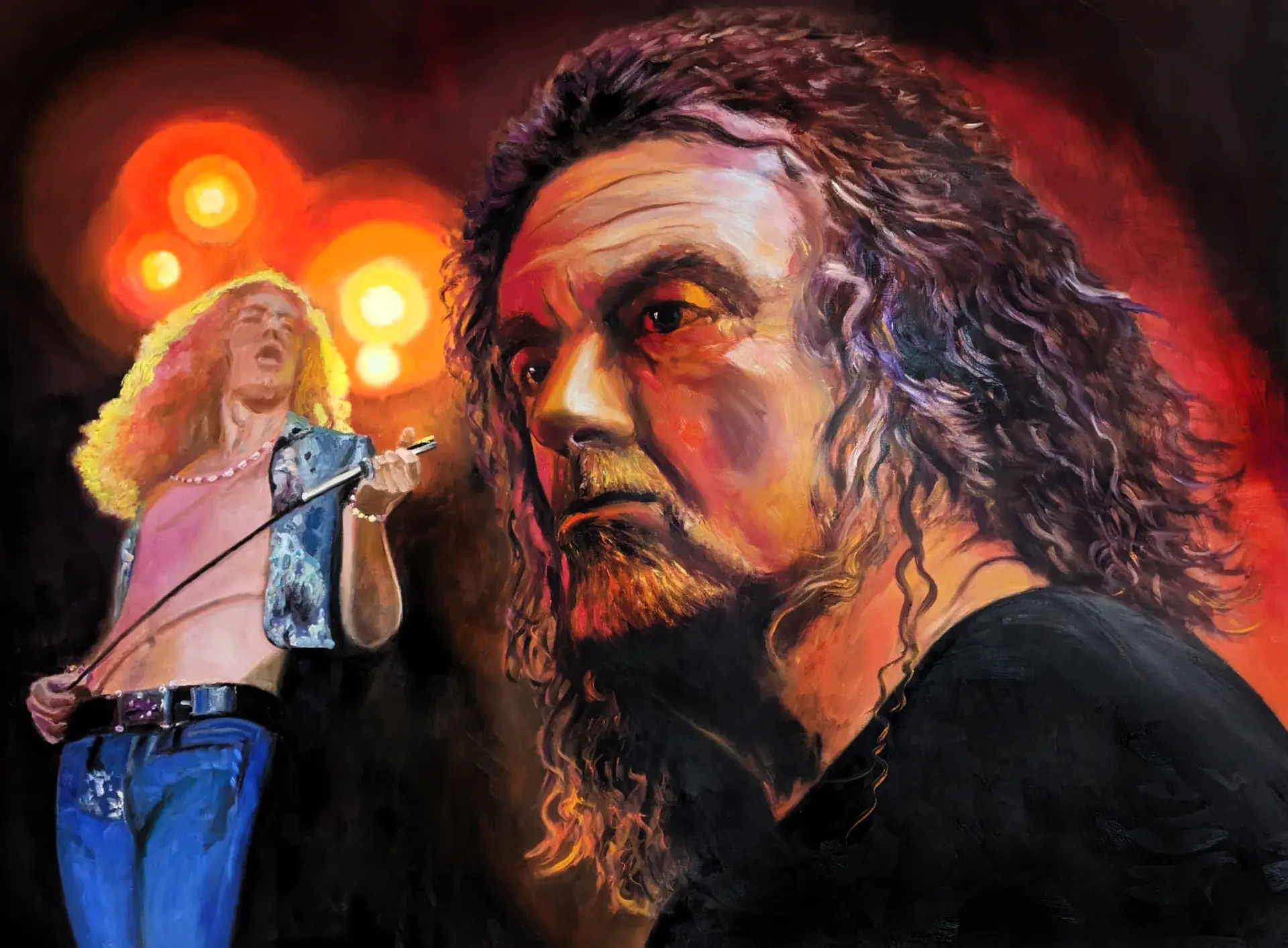 m werk Holger Liedtke Robert Plant Led Zeppelin Porträt eines langhaarigen Mannes und Sänger auf der Bühne mit Mikrofon, gemalt von Holger Liedtke in lebhaften Rottönen