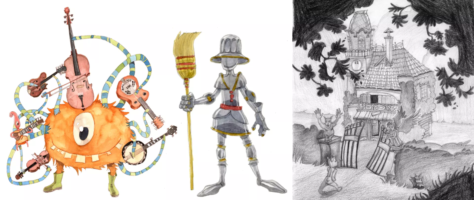 Drei gezeichnete Figuren: links ein orangefarbenes, einäugiges Monster mit mehreren Armen, die verschiedene Musikinstrumente halten; in der Mitte eine Ritterfigur mit Helm und Besen; rechts eine Bleistiftzeichnung eines Hauses mit einer Figur davor, umgeben von Bäumen.