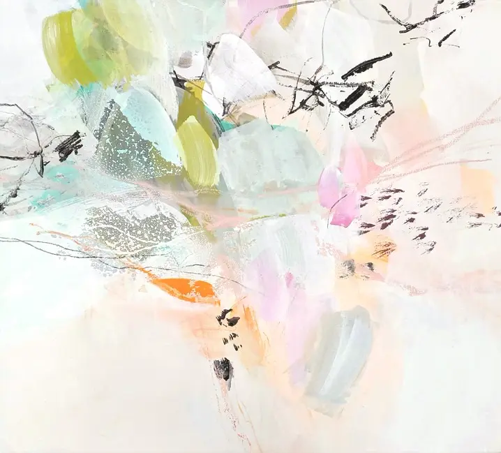 Ans Licht XVII, Mixed Media, Leinwand, 60 x 80 cm Abstrakte Komposition in Pastellfarben und erdigen Tönen mit feinen Strukturen und Linien, geschaffen von Ulrike Int-Veen inspiriert durch Natur und materielle Texturen