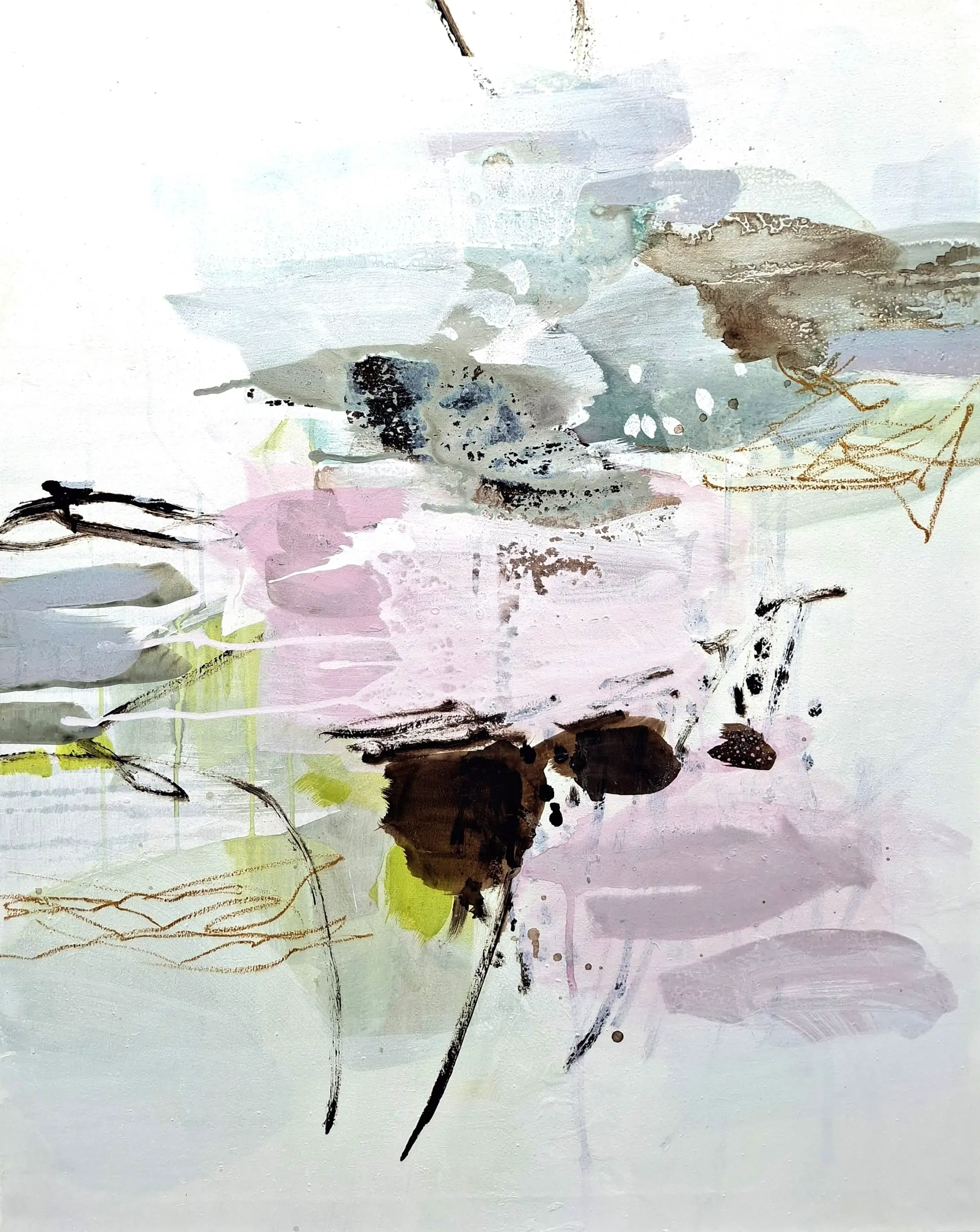 O.T., 100 x 80 cm, Mixed Media, Leinwand, 2026 Abstrakte Komposition mit zarten Farben, strukturierten Flächen und dynamischen Linien, die natürliche Stimmungen und Spannungsfelder widerspiegeln, von Ulrike Int-Veen