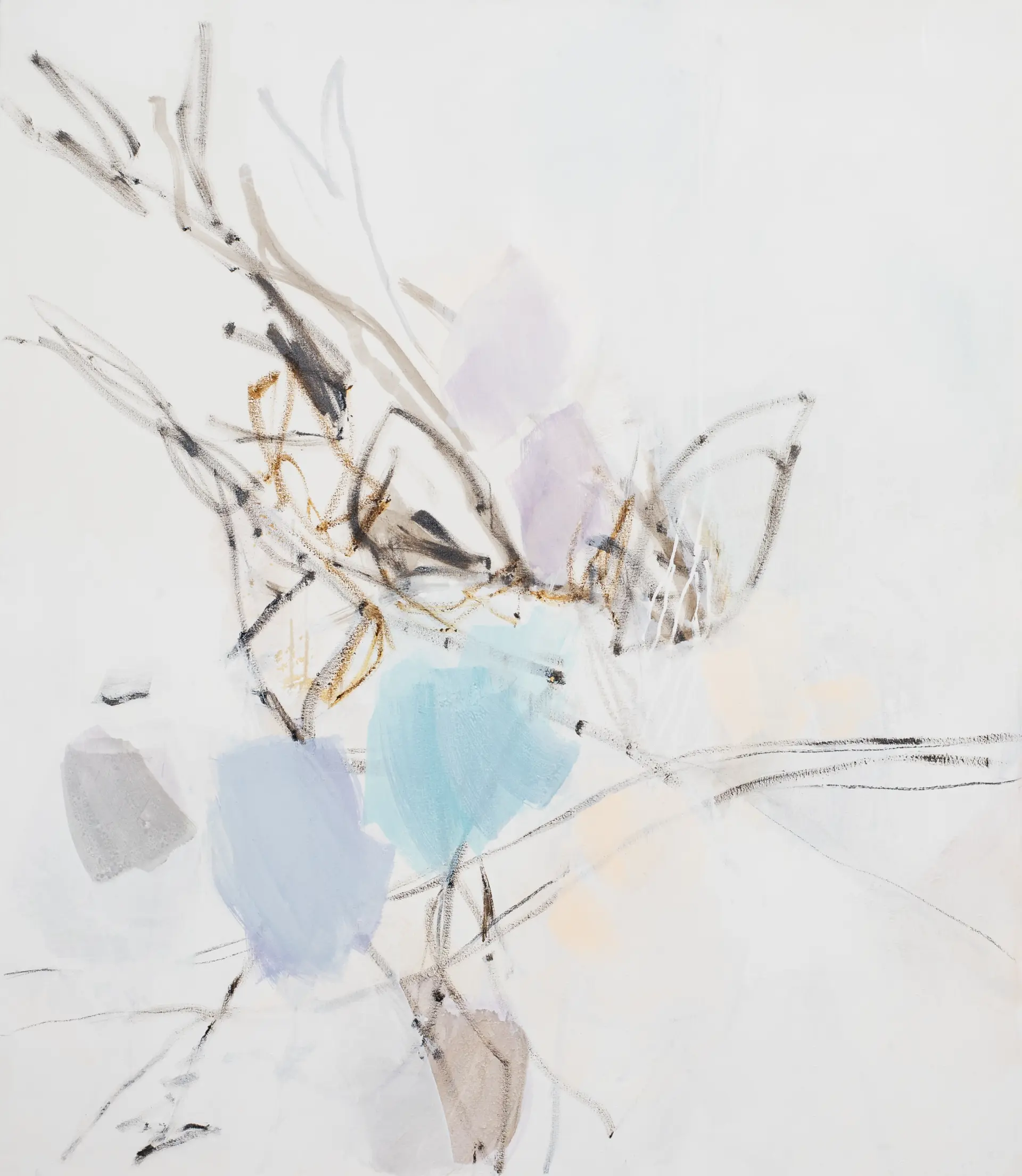 O.T., 115 x 100 cm, Mixed Media, Leinwand, 2026 Abstrakte Komposition mit zarten Farbschichten und feinen Linien, die natürliche Strukturen und Stimmungen in Ulrike Int-Veens Werk reflektieren