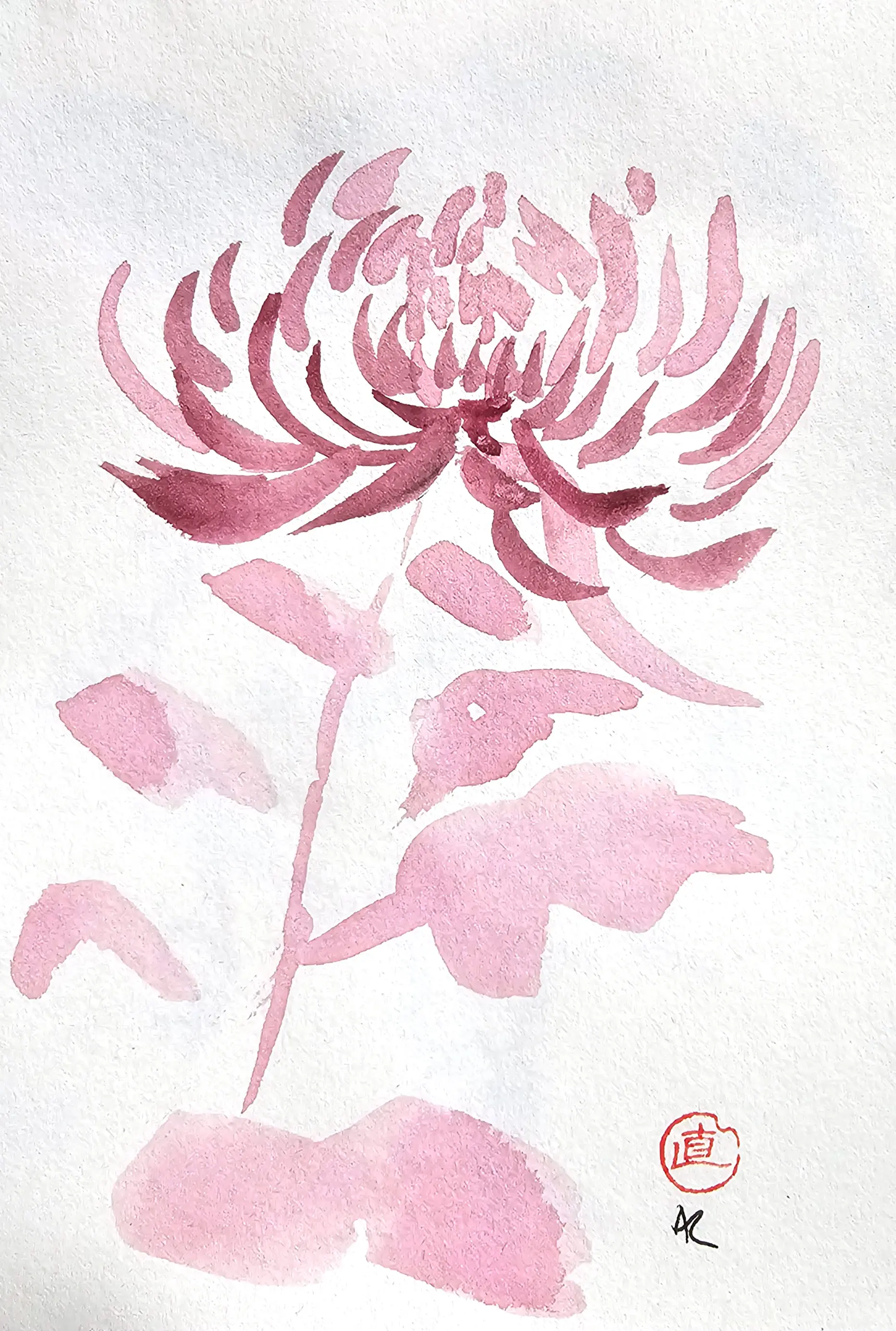 Blume Rosa Aquarellblume mit minimalistischen Pinselstrichen von Anita Ranzan, die meditative Kunst und inneres Gleichgewicht durch Reduktion und Zufall betont