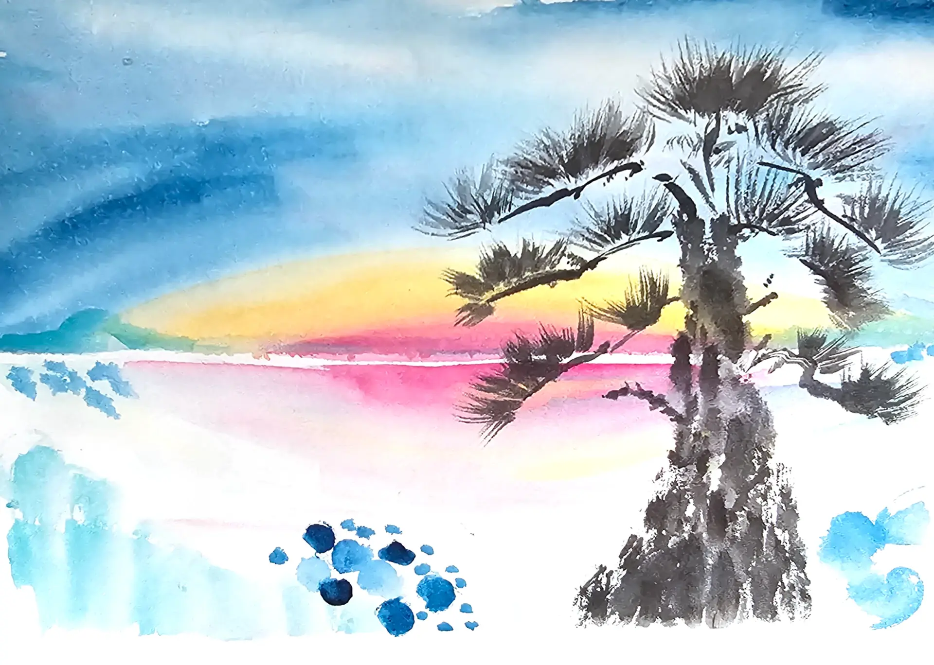 Landschaft Aquarell von Anita Ranzan mit meditativer Baum-Silhouette und farbigem Himmel, das Stille, Achtsamkeit und innere Balance symbolisiert