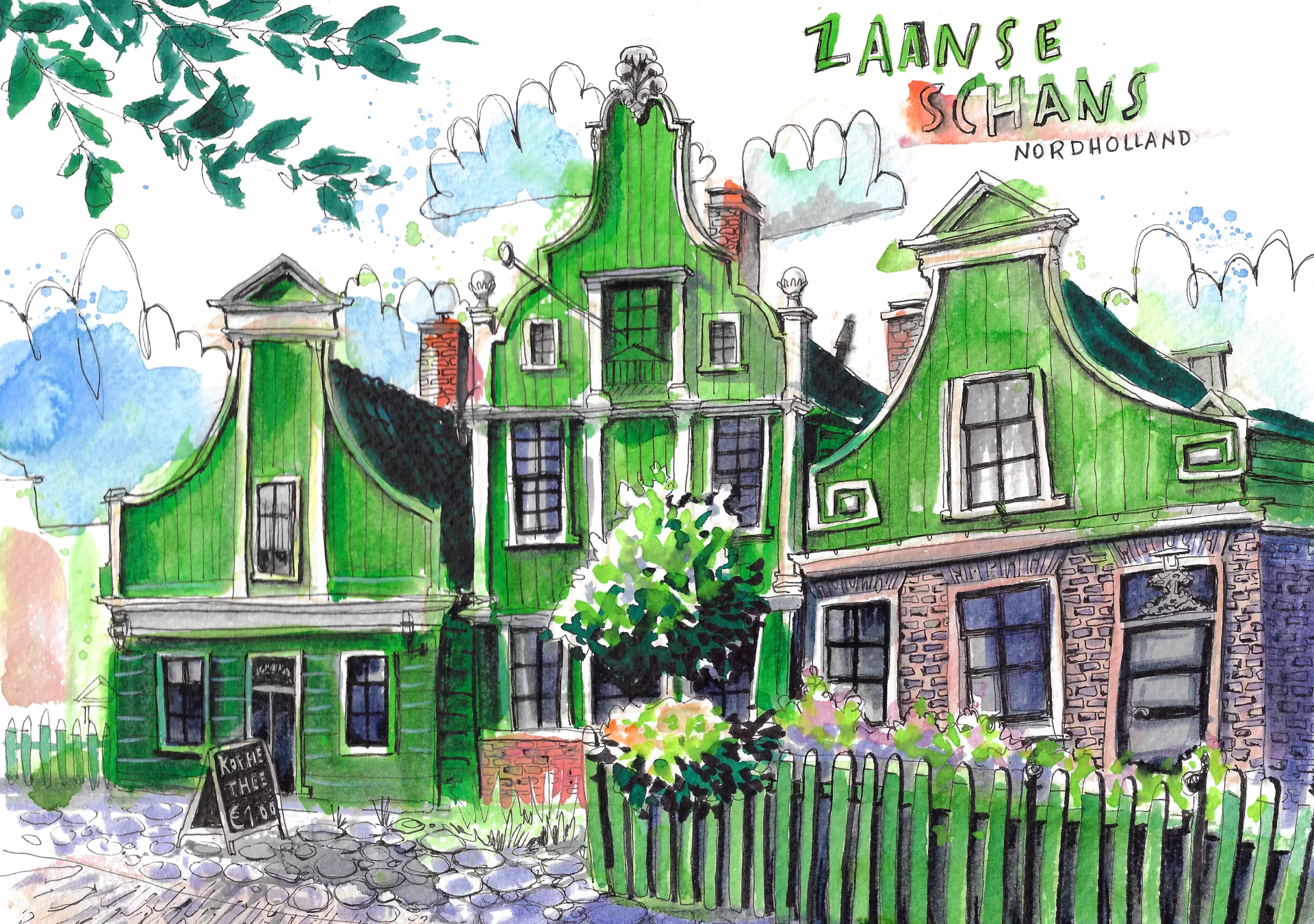 Zaanse Schans - Nordholland in Aquarell von artistravel-Dozentin Tanja Meyer Farbenfrohes Aquarell mit Tuschezeichnung der typisch grün gestrichenen Giebelhäuser von Zaanse Schans in Nordholland. Im Vordergrund Kopfsteinpflaster, ein Gartenzaun und blühende Sträucher, darüber ein blauer Himmel mit skizzierten Wolken und Blätterrahmung von oben.