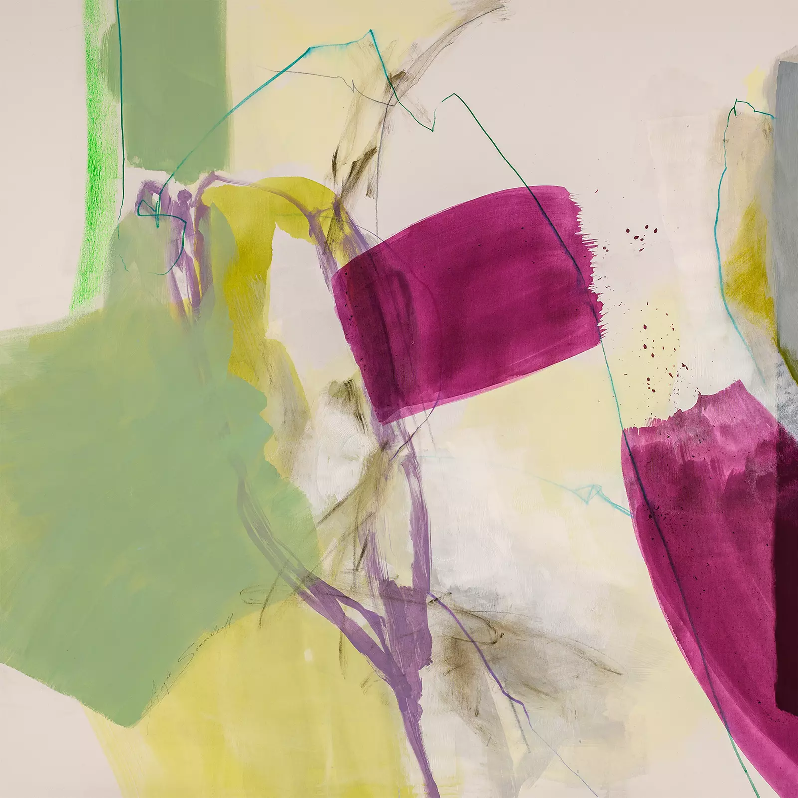 Linienflug I von Angela Sommerhoff120x120cm, von Angela Sommerhoff Abstrakte Komposition mit leuchtenden Farbflächen und zarten Linien von Angela Sommerhoff