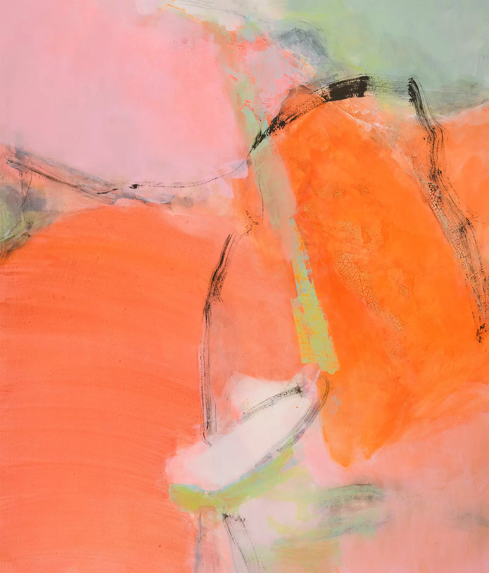 Salins Du Midi 3, Carmargue 120x140cm von Angela Sommerhoff Abstrakte Komposition in Orange- und Rosatönen mit fließenden Formen und feinen schwarzen Linien von Angela Sommerhoff
