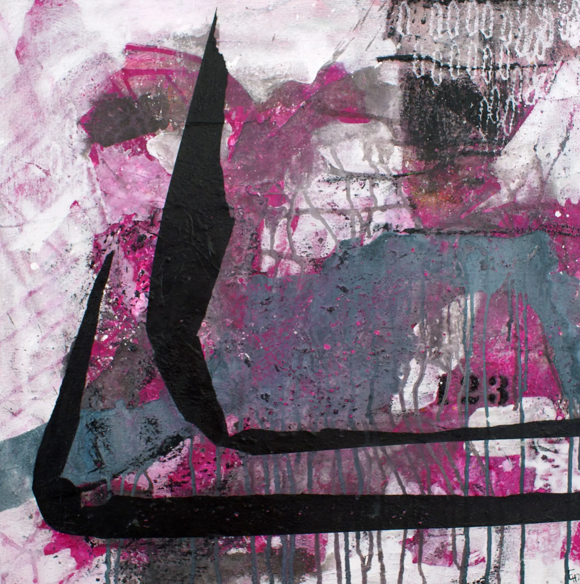 Abstrakte Acrylmalerei mit kräftigen Farbexplosionen in Pink, Schwarz und Grau, die spontane Kompositionen und experimentelle Maltechniken zeigt