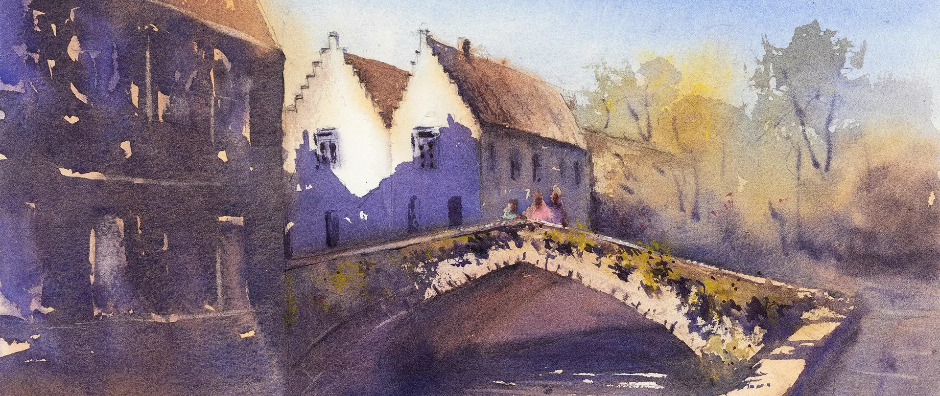 Idyllische Brücken- und Hauslandschaft mit Licht- und Schatteneffekten in Aquarell von Ingo Bornholdt, geprägt von natürlicher Atmosphäre und norddeutscher Umgebung