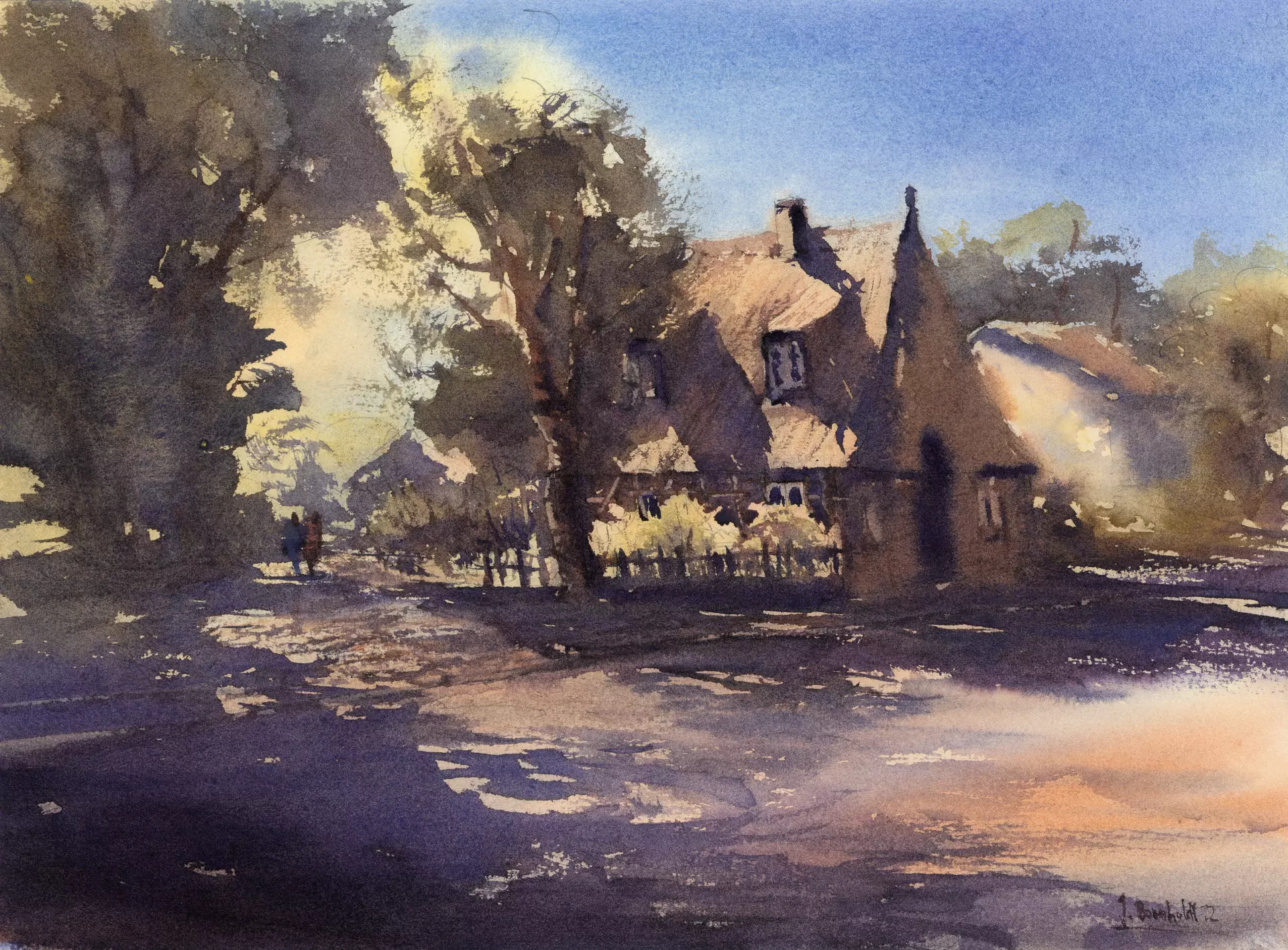 Aquarell von Ingo Bornholdt Lichtdurchflutetes norddeutsches Dorf mit Haus und Bäumen in atmosphärischer Aquarellmalerei von Ingo Bornholdt