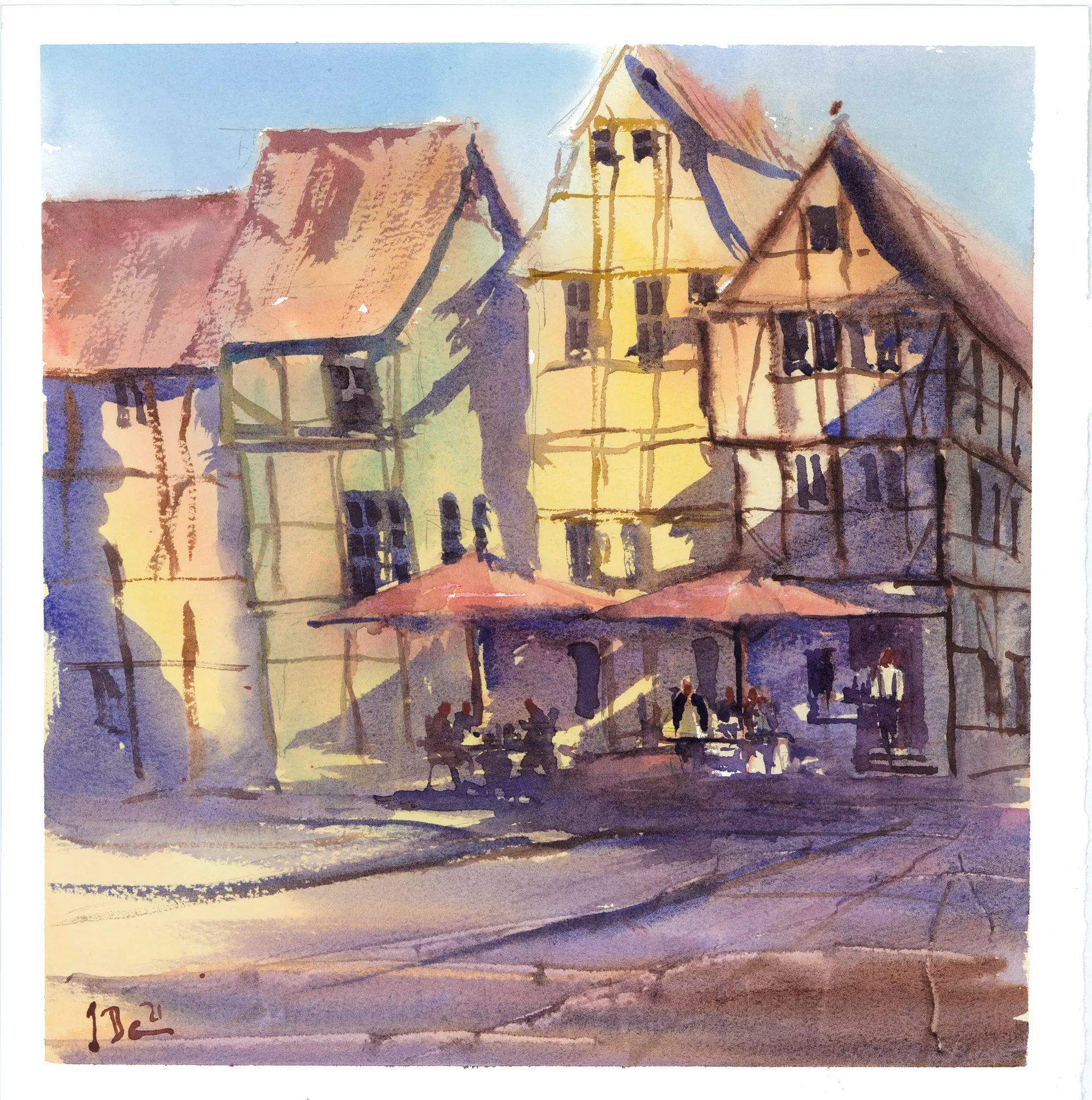 Aquarell von Ingo Bornholdt Historische Fachwerkhäuser und ein Straßencafé in warmem Licht dargestellt von Ingo Bornholdt in lebendigem Aquarellstil mit atmosphärischer Frische und Leuchtkraft