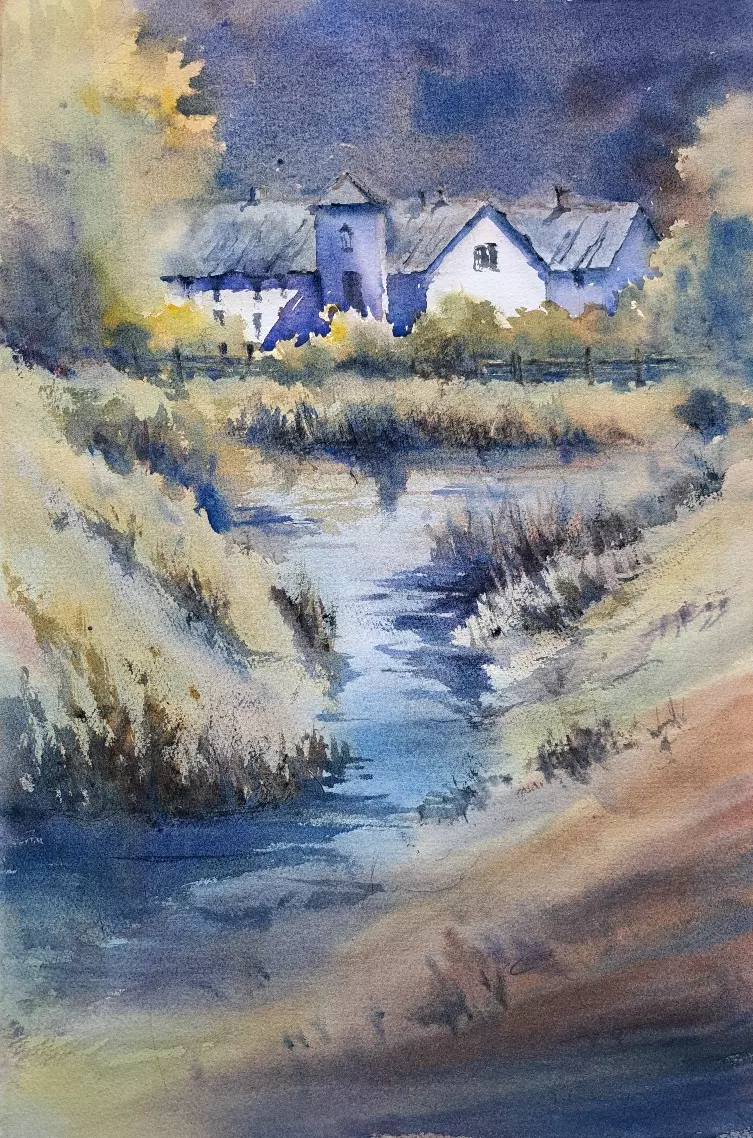 Simonsbath House in Aquarell Aquarell von Ingo Bornholdt mit leuchtender norddeutscher Landschaft, Flussufer und Häusern in sanften Blau- und Gelbtönen, das Licht und Atmosphäre des Moments einfängt