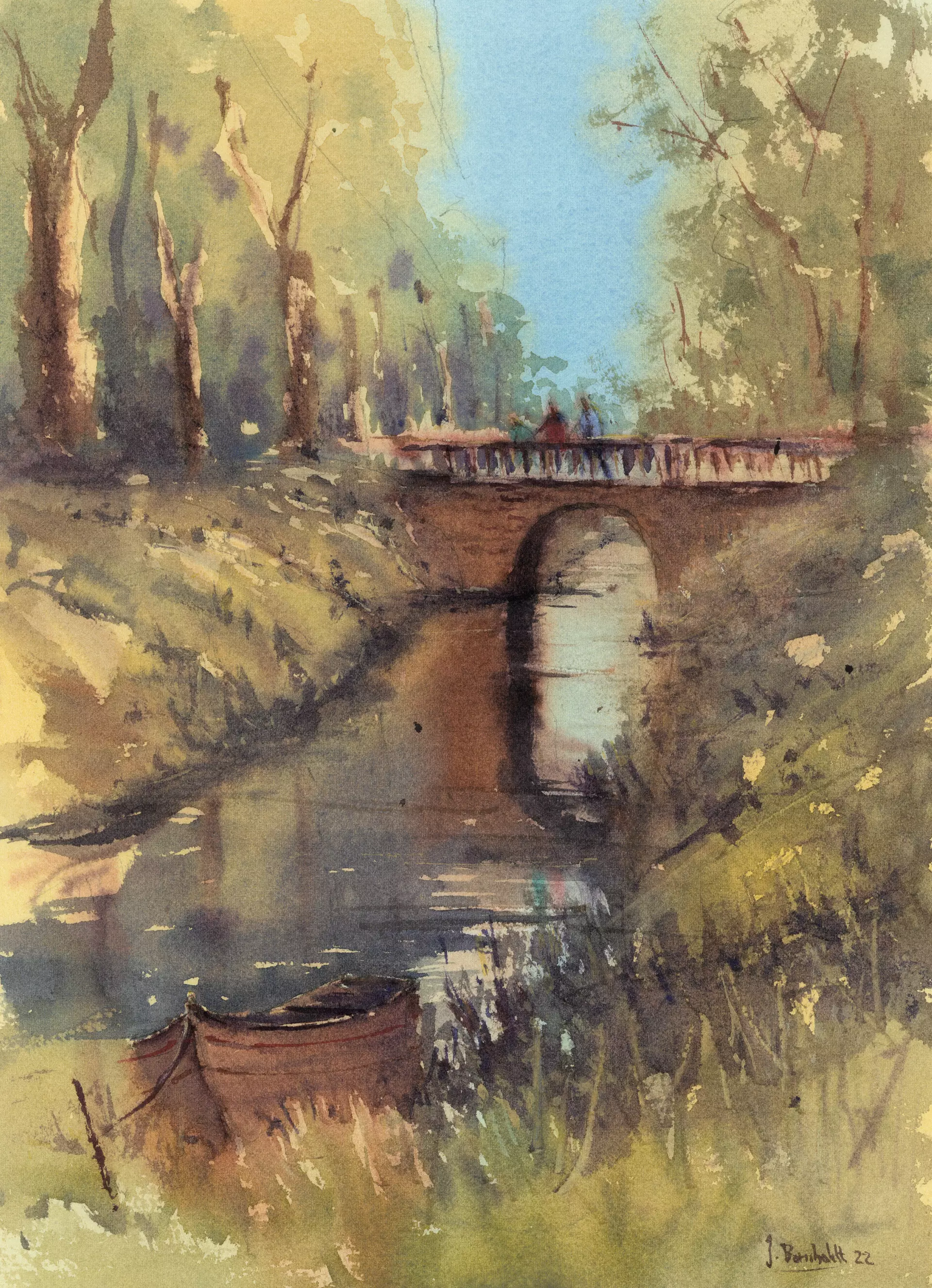Spaziergang auf Gut Hasselburg Flusslandschaft mit Boot und Brücke in leuchtenden Aquarellfarben, eingefangen von Ingo Bornholdt mit natürlichem Licht und norddeutscher Atmosphäre