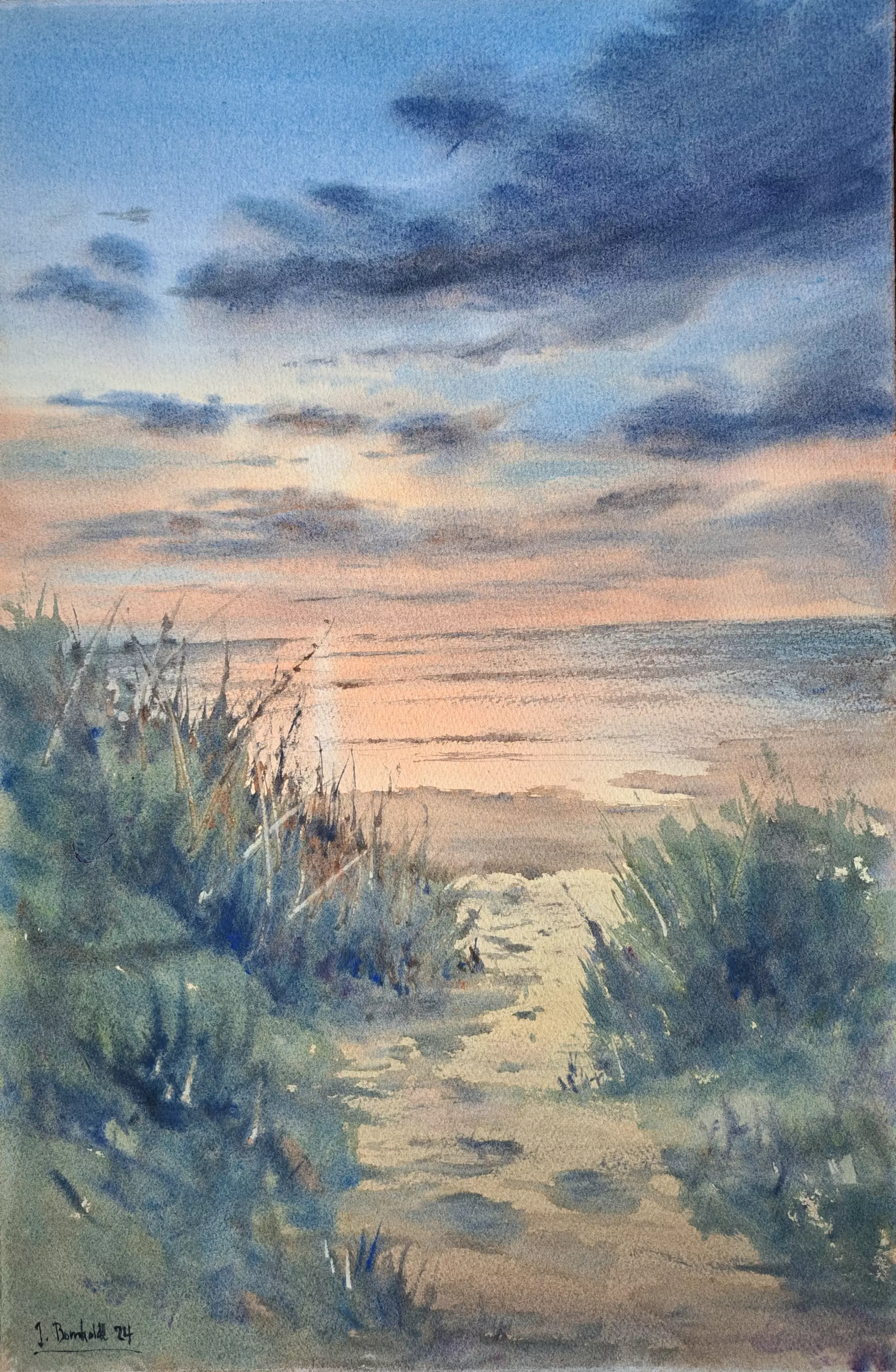 Aquarell von Ingo Bornholdt Sanfter Dünenpfad zur Nordsee im Morgenlicht mit weichen Wolken und Vegetation, Aquarell von Ingo Bornholdt, das Natur und Licht atmosphärisch einfängt