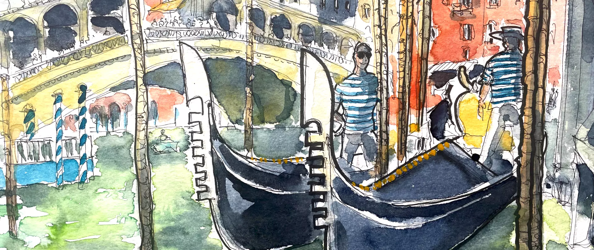 Szenische Aquarellzeichnung mit Gondeln unter Brücke in Venedig, Figuren im Vordergrund – von Malte Wulf, Dozent bei artistravel