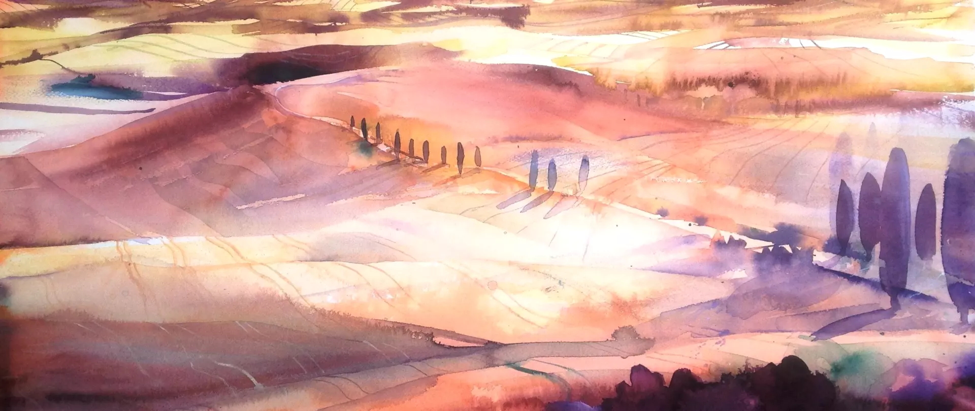 Aquarellbild von einer Landschaft im Abendlicht, erstellt von Marika Fünffinger – Dozentin bei artistravel